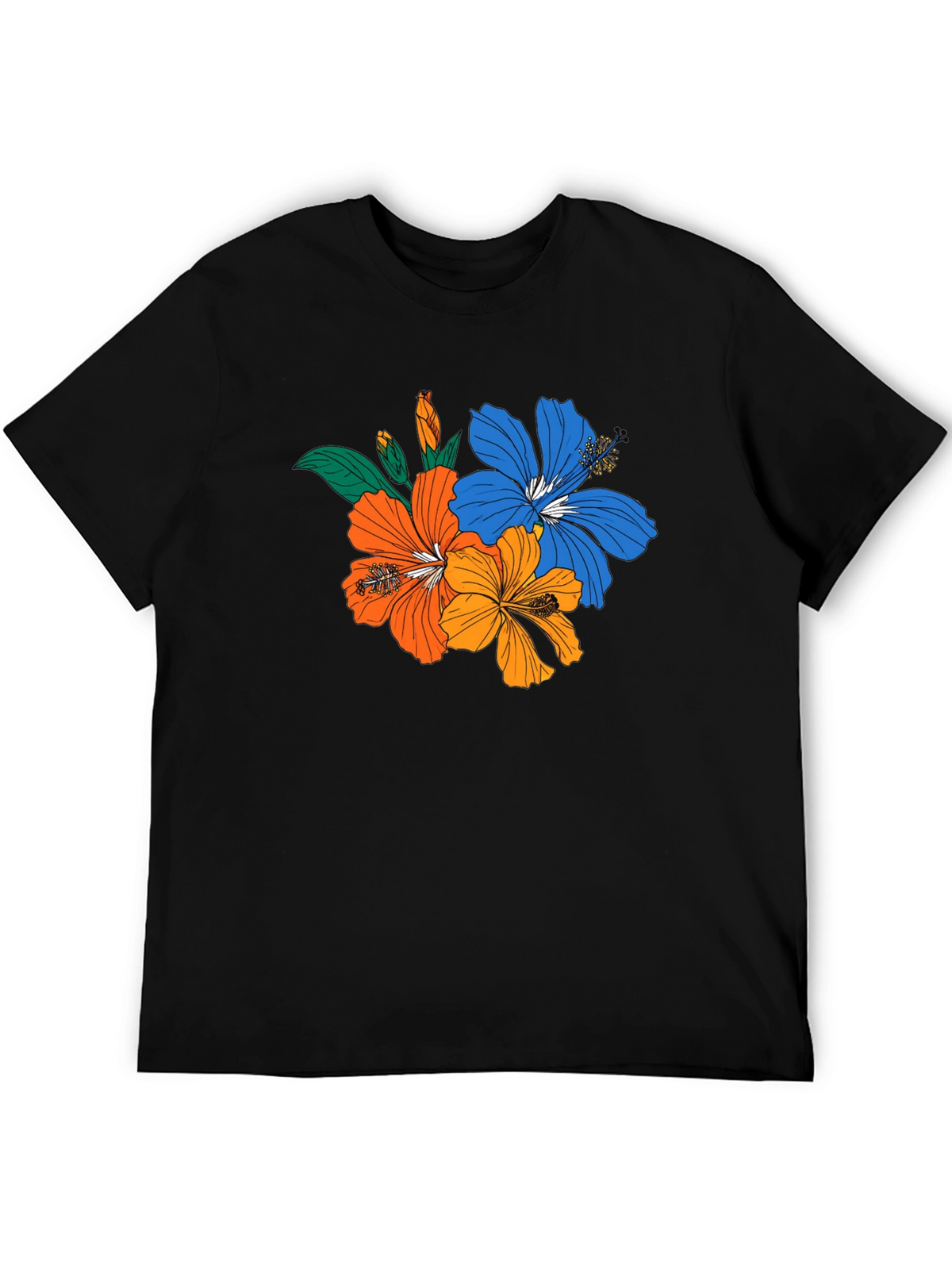 Floral Print Black T-Shirt - Tropical Hibiscus Design