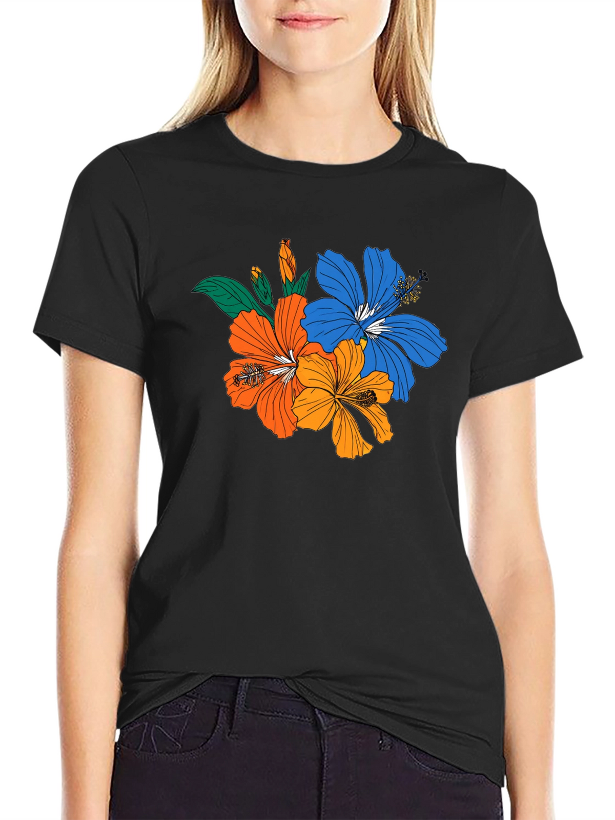 Floral Print Black T-Shirt - Tropical Hibiscus Design