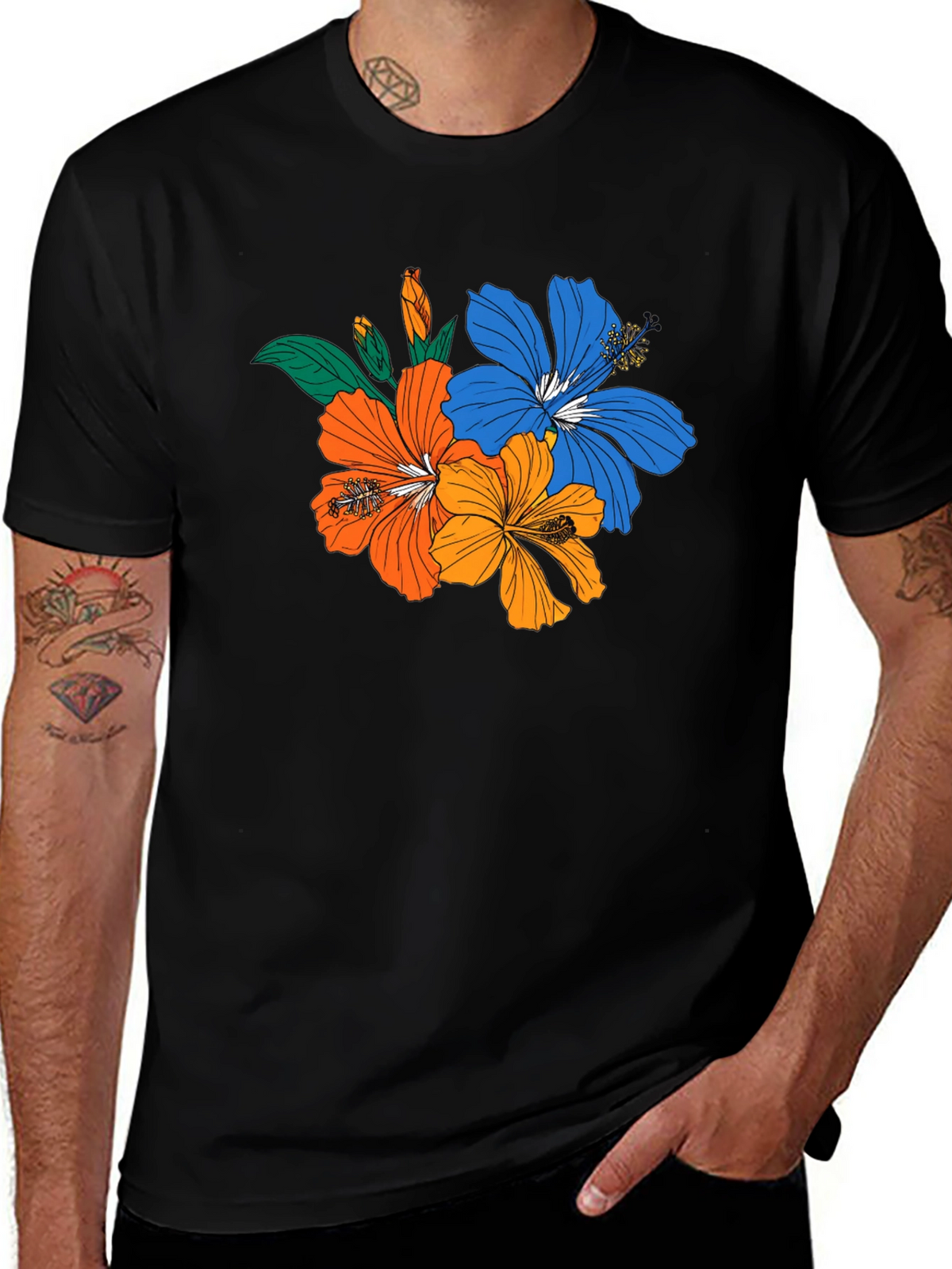 Floral Print Black T-Shirt - Tropical Hibiscus Design