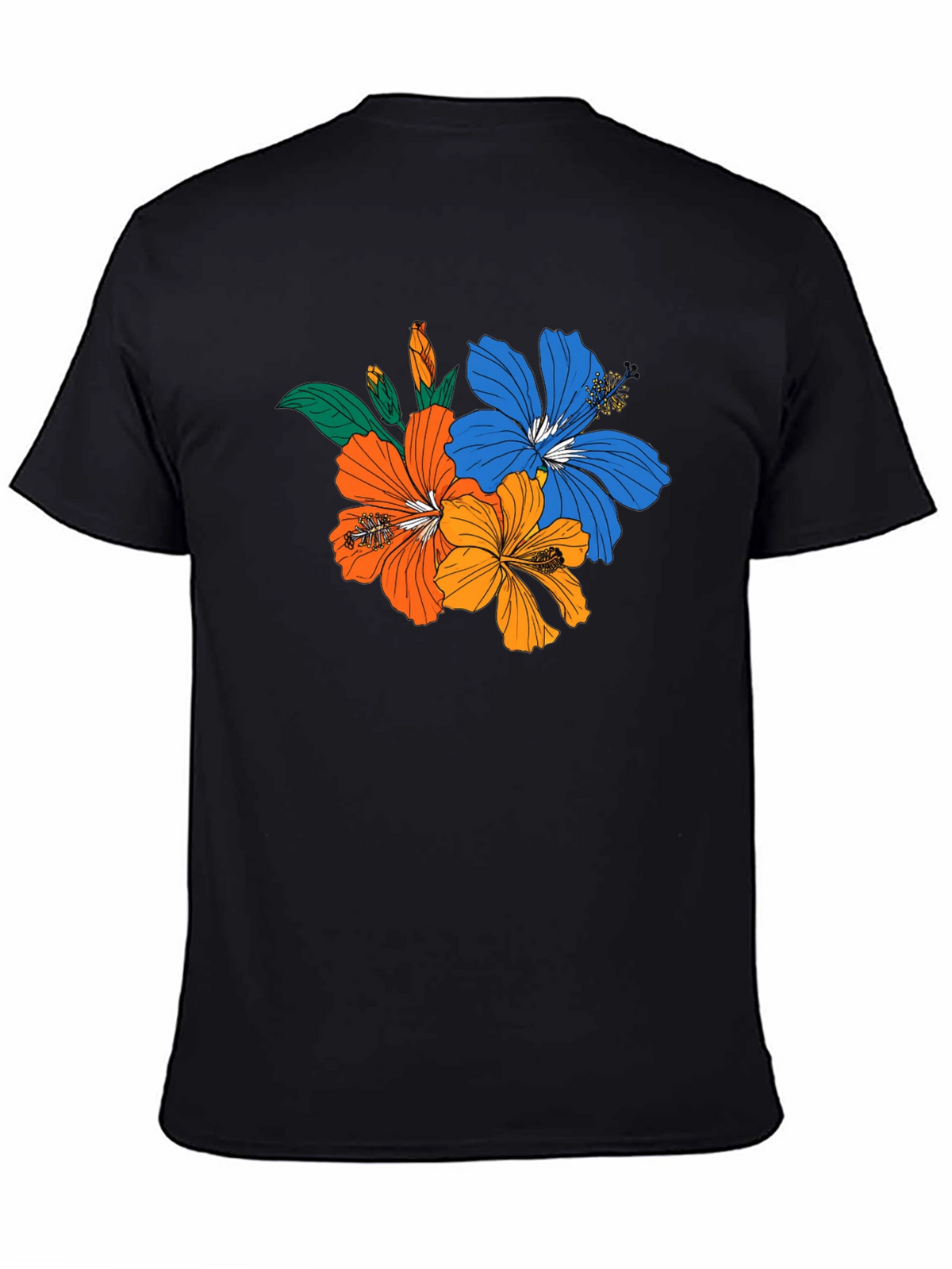 Floral Print Black T-Shirt - Tropical Hibiscus Design