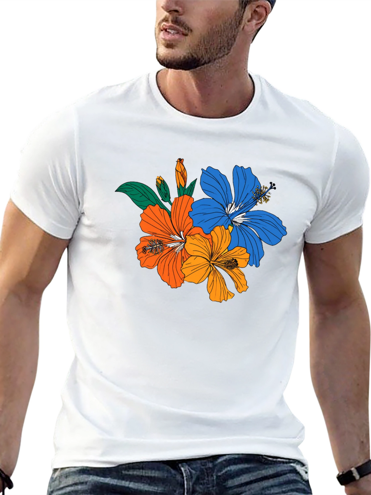 Floral Print Black T-Shirt - Tropical Hibiscus Design