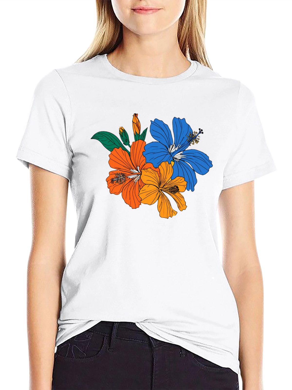 Floral Print Black T-Shirt - Tropical Hibiscus Design