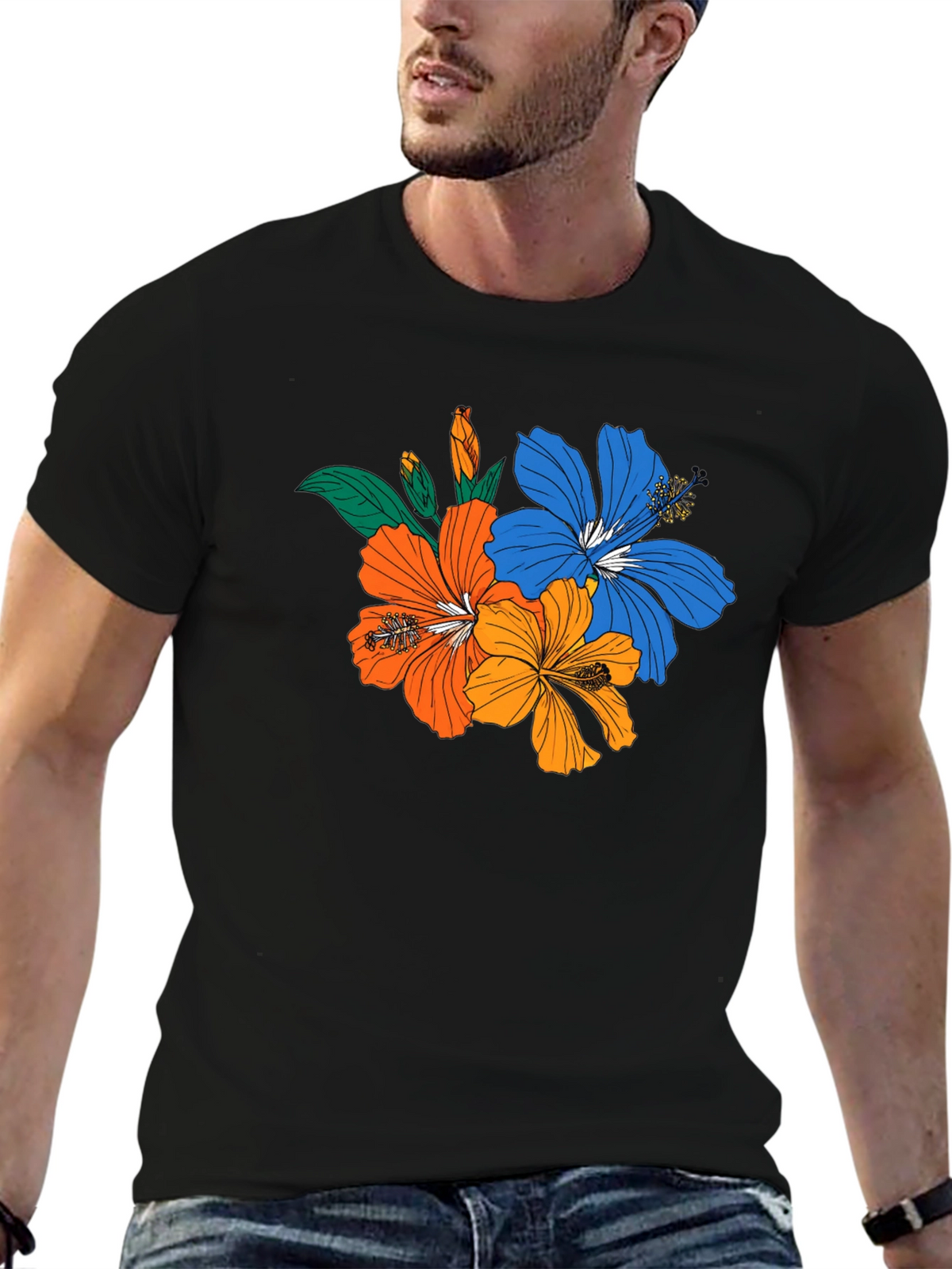 Floral Print Black T-Shirt - Tropical Hibiscus Design