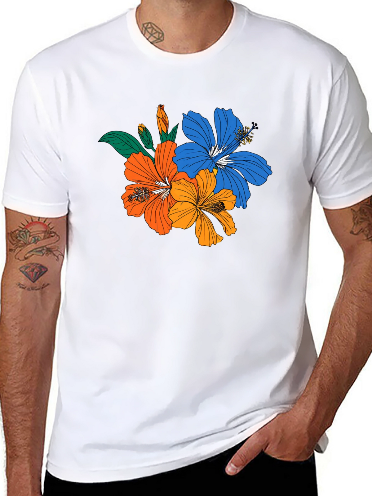 Floral Print Black T-Shirt - Tropical Hibiscus Design