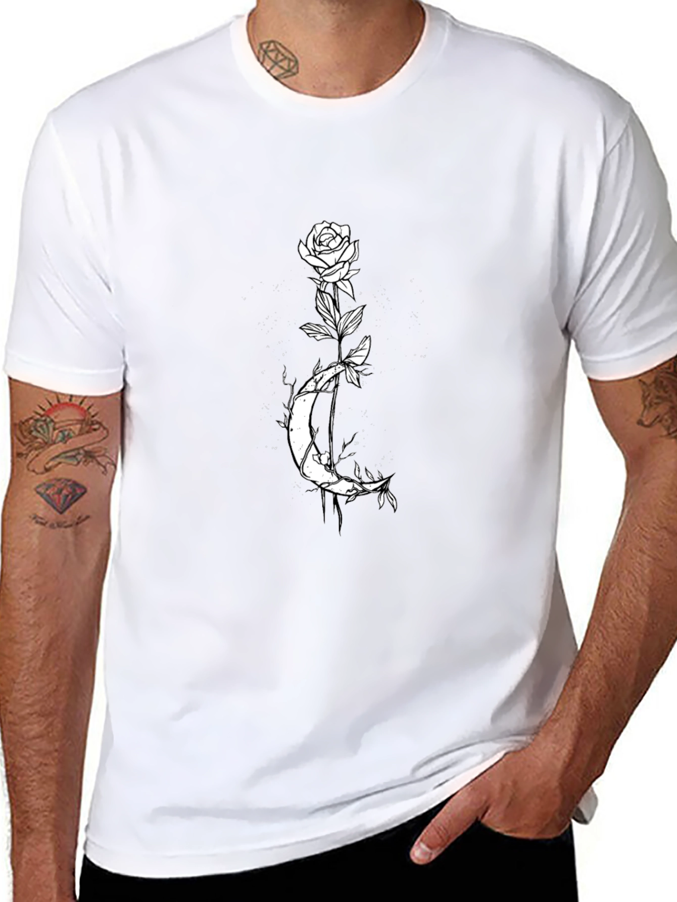 Rose and Moon Graphic Tee - Mens Black T-Shirt