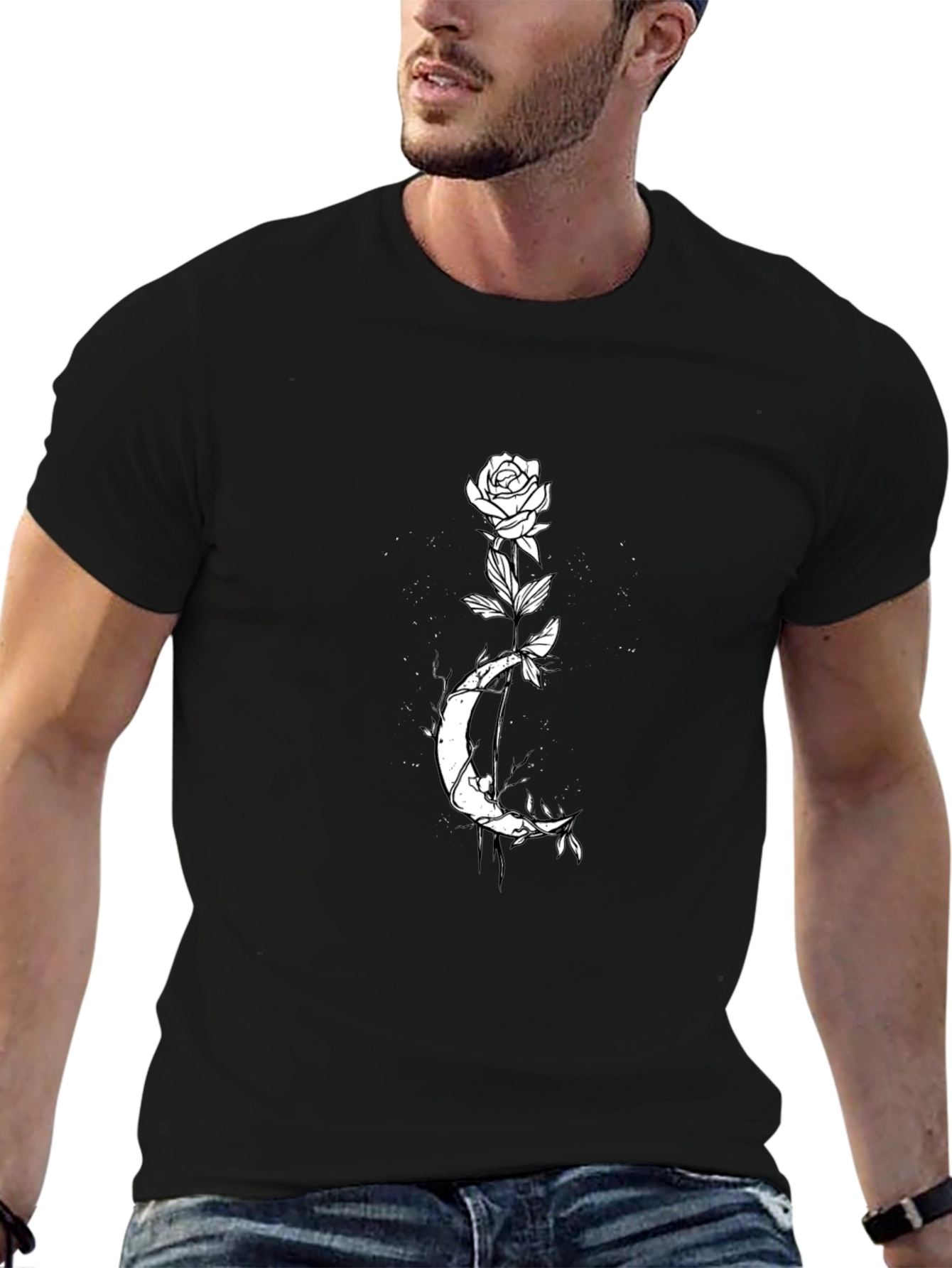 Rose and Moon Graphic Tee - Mens Black T-Shirt