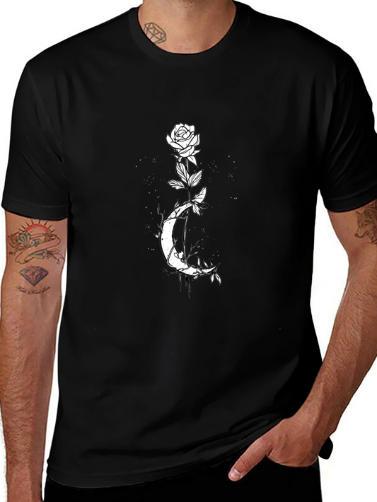 Rose and Moon Graphic Tee - Mens Black T-Shirt
