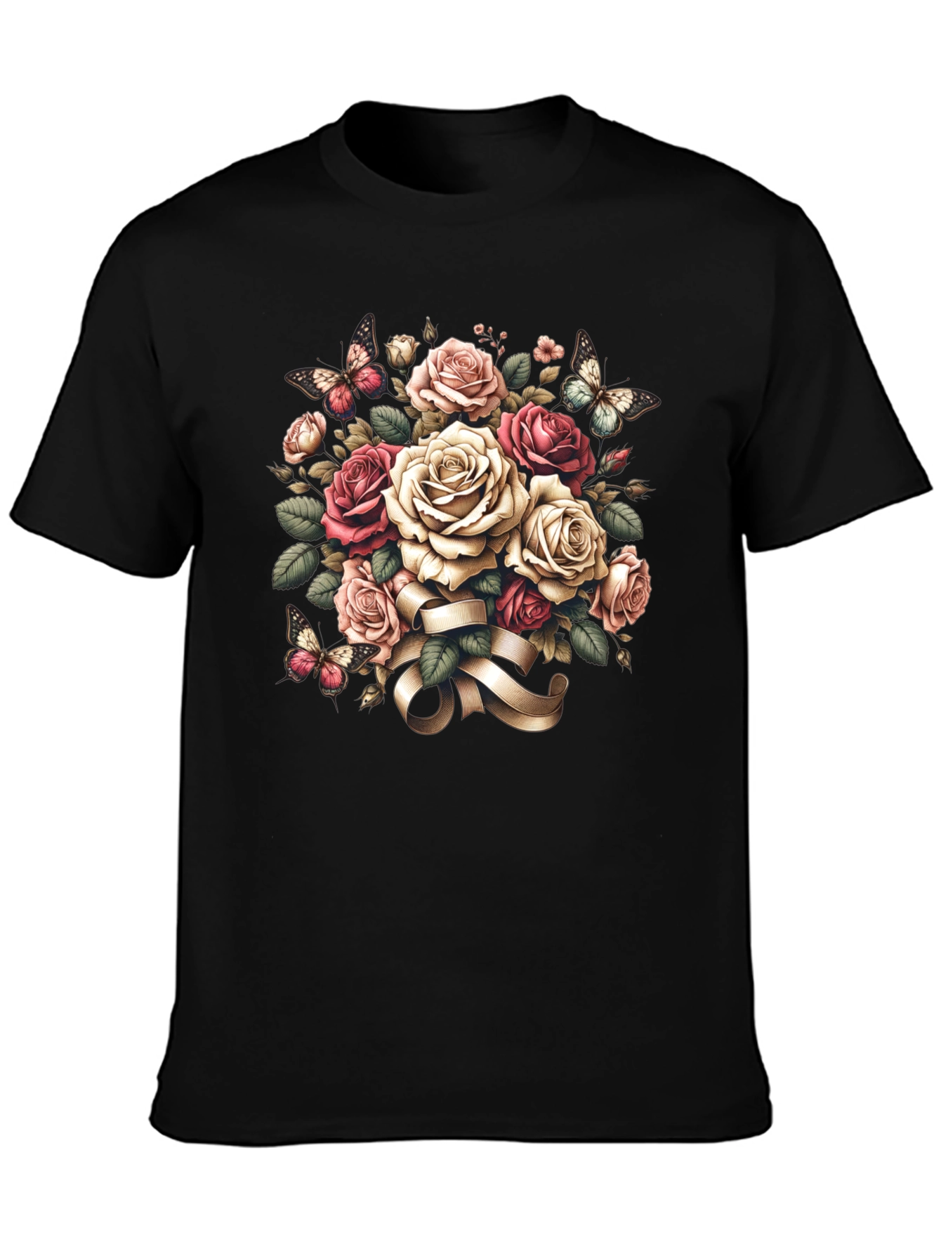 Floral Roses & Butterflies Black T-Shirt