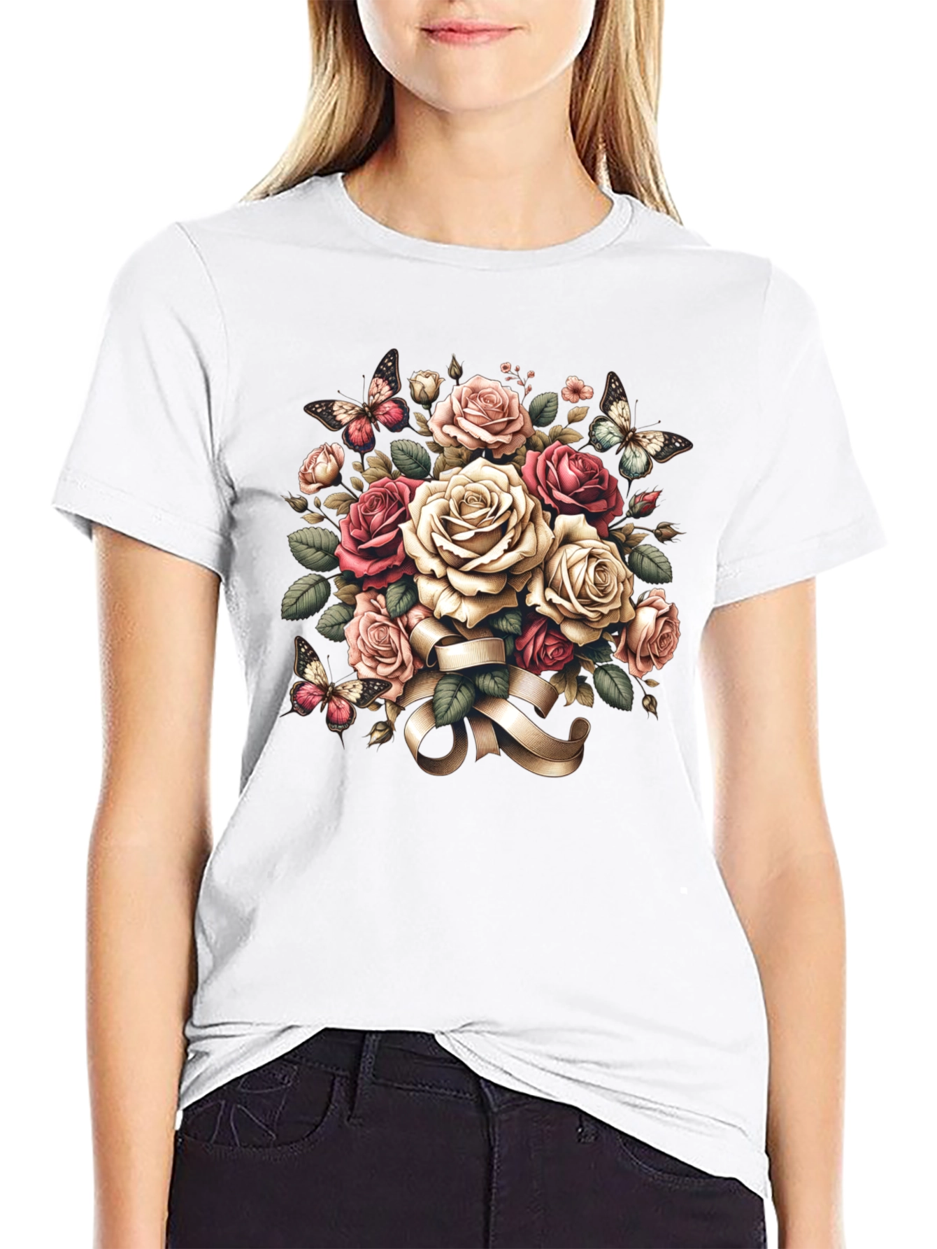 Floral Roses & Butterflies Black T-Shirt