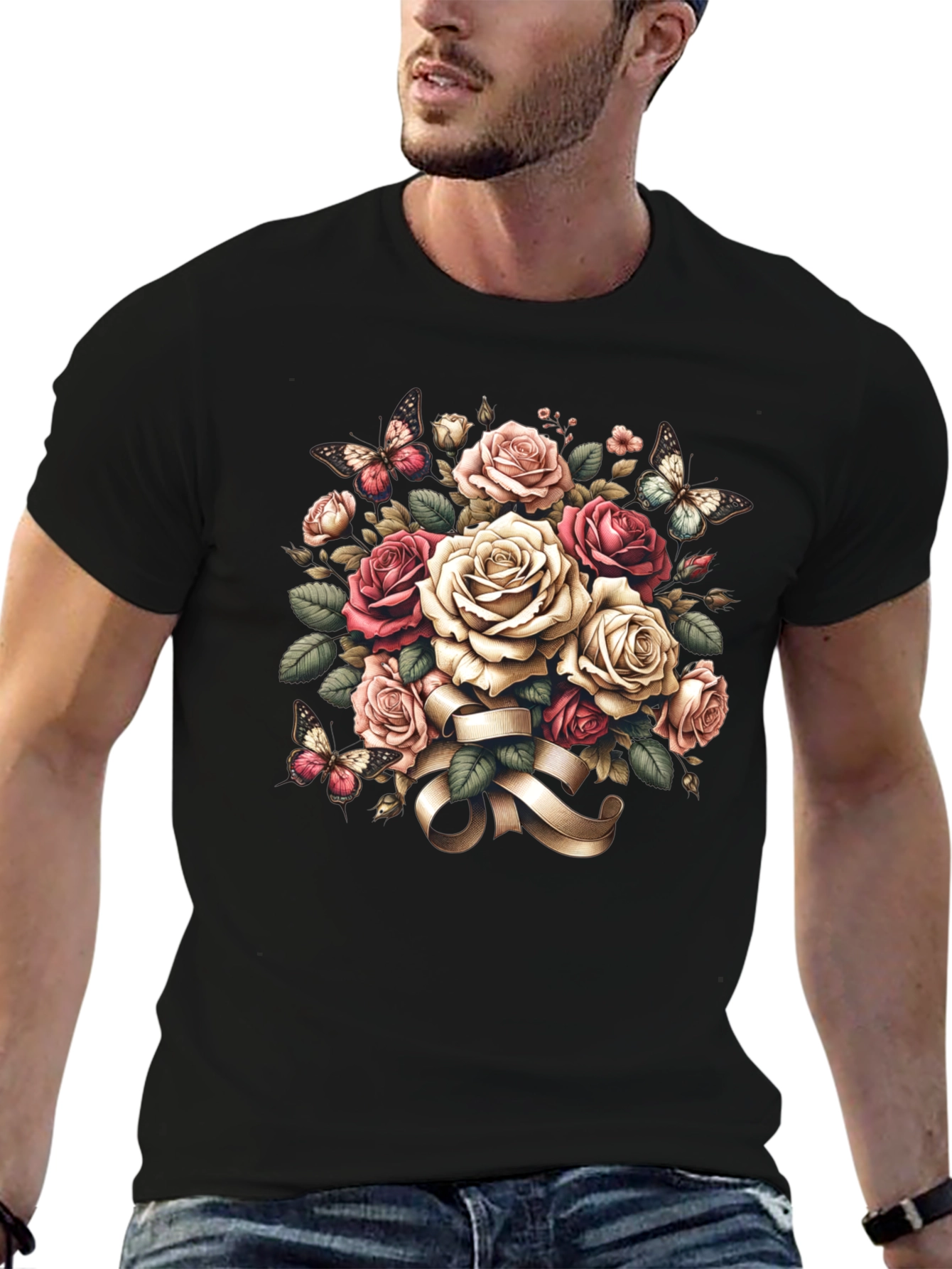 Floral Roses & Butterflies Black T-Shirt