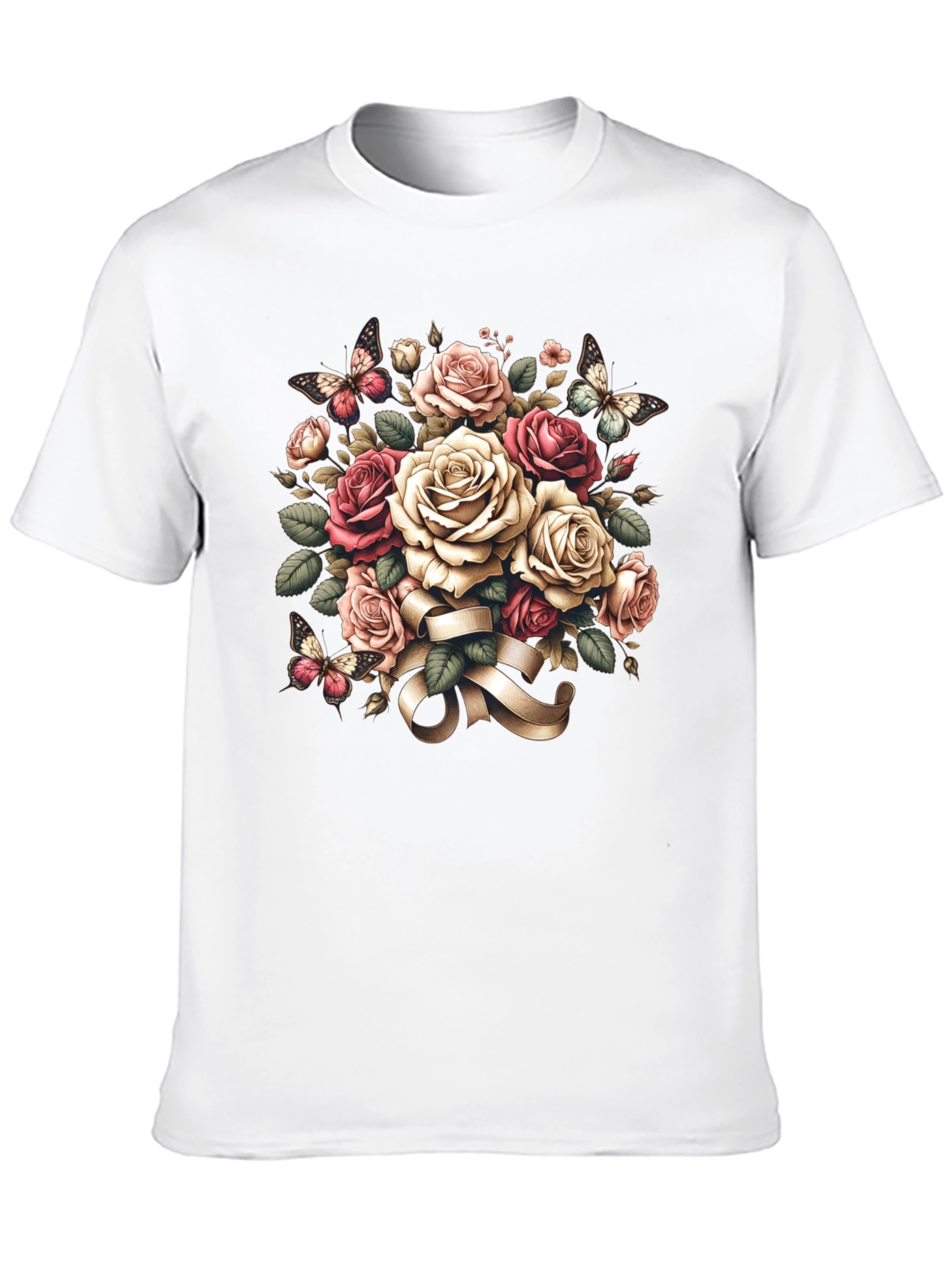 Floral Roses & Butterflies Black T-Shirt