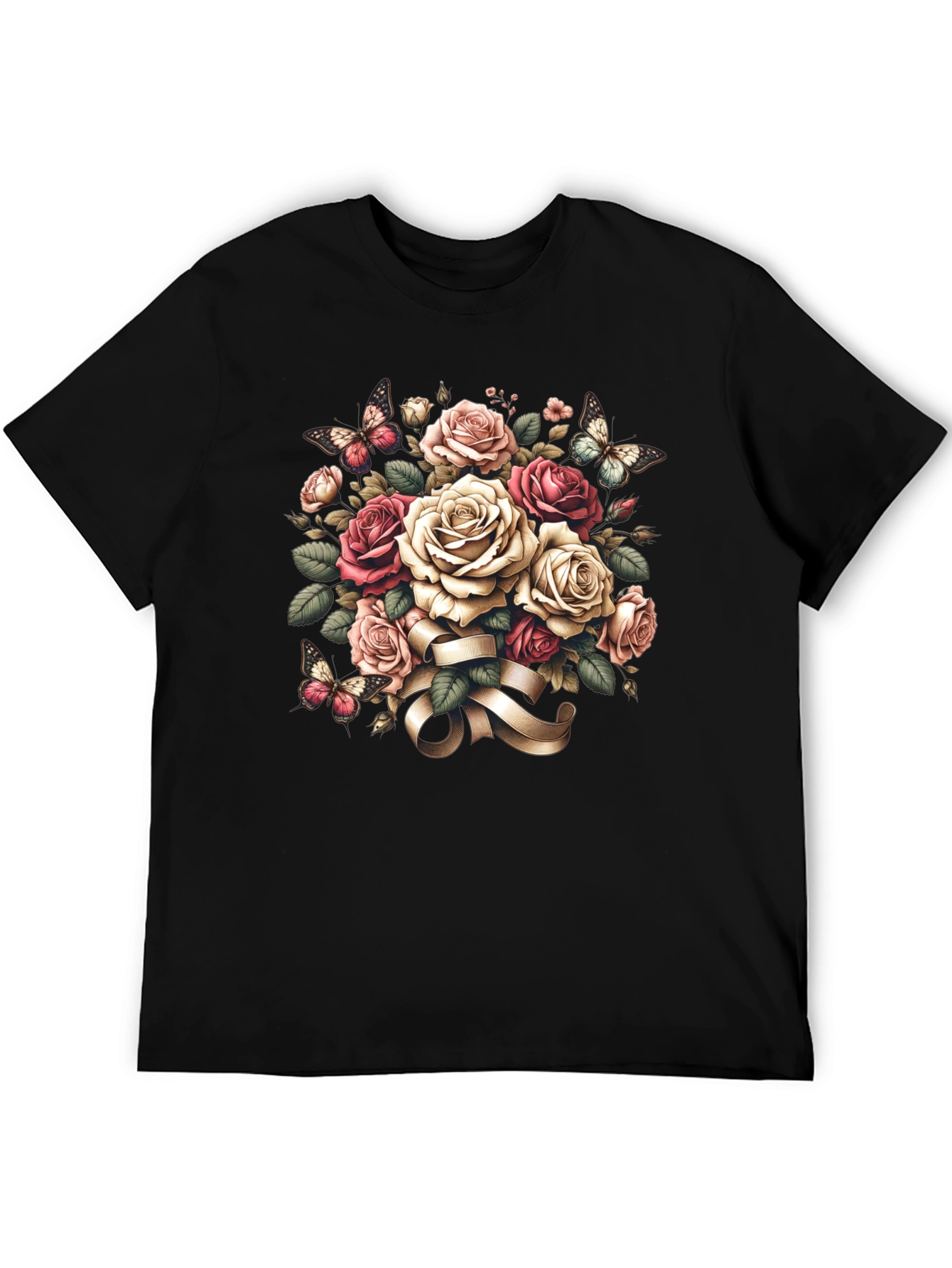 Floral Roses & Butterflies Black T-Shirt