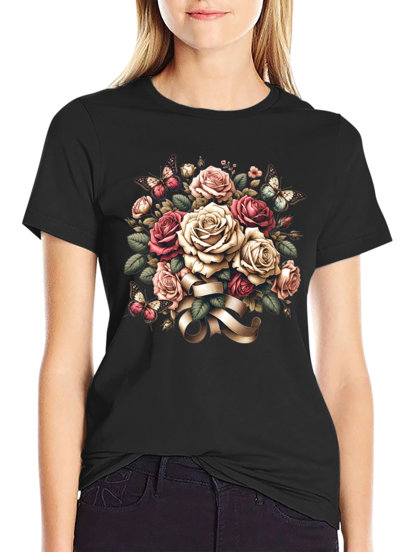 Floral Roses & Butterflies Black T-Shirt