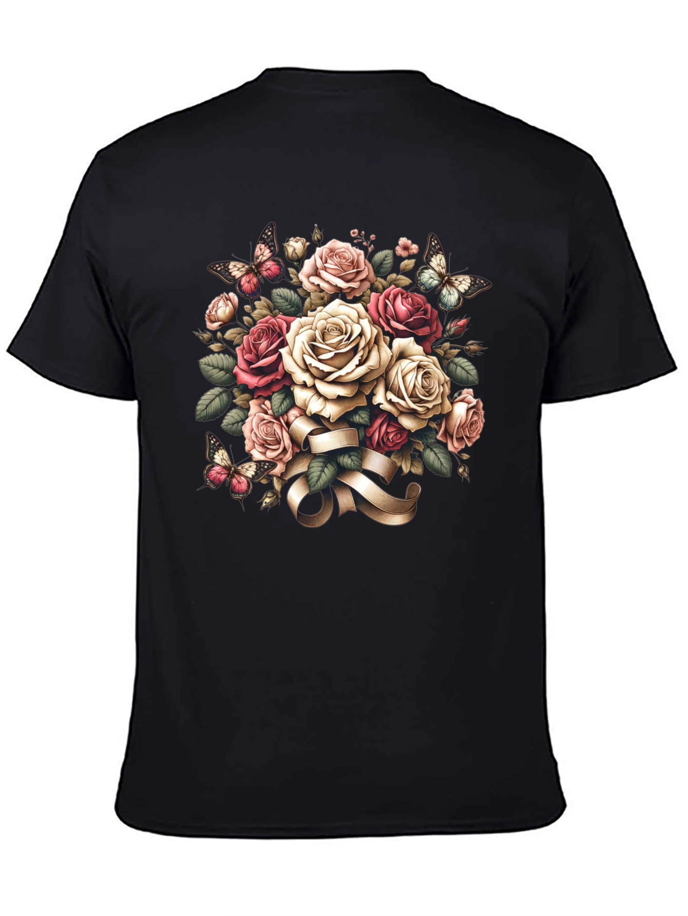 Floral Roses & Butterflies Black T-Shirt