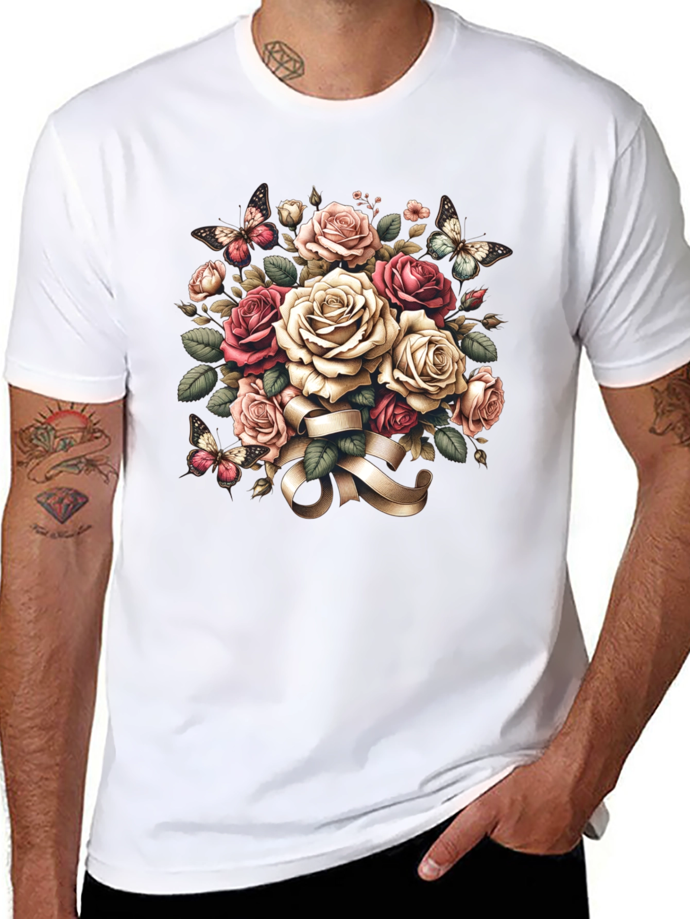 Floral Roses & Butterflies Black T-Shirt