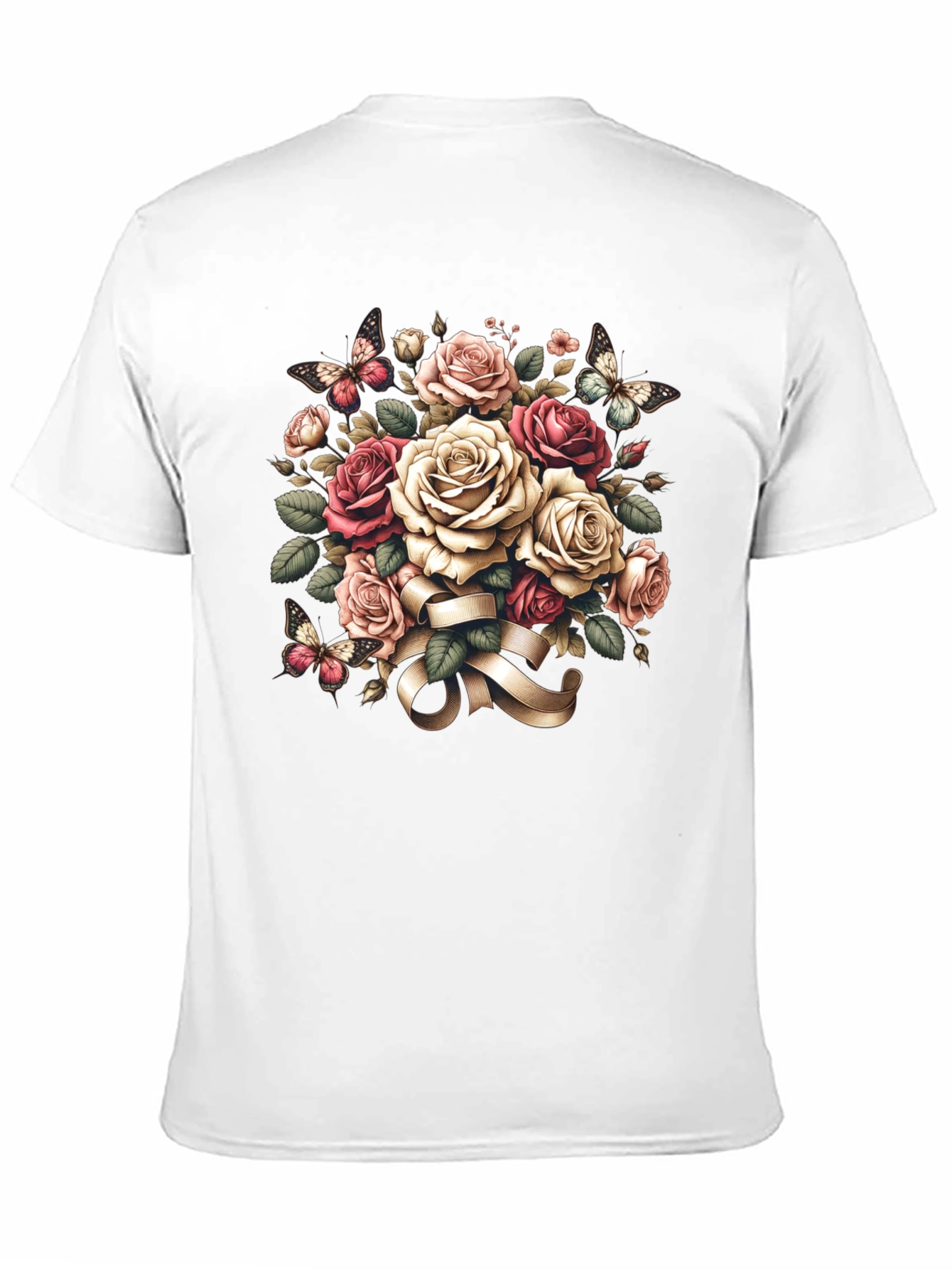 Floral Roses & Butterflies Black T-Shirt
