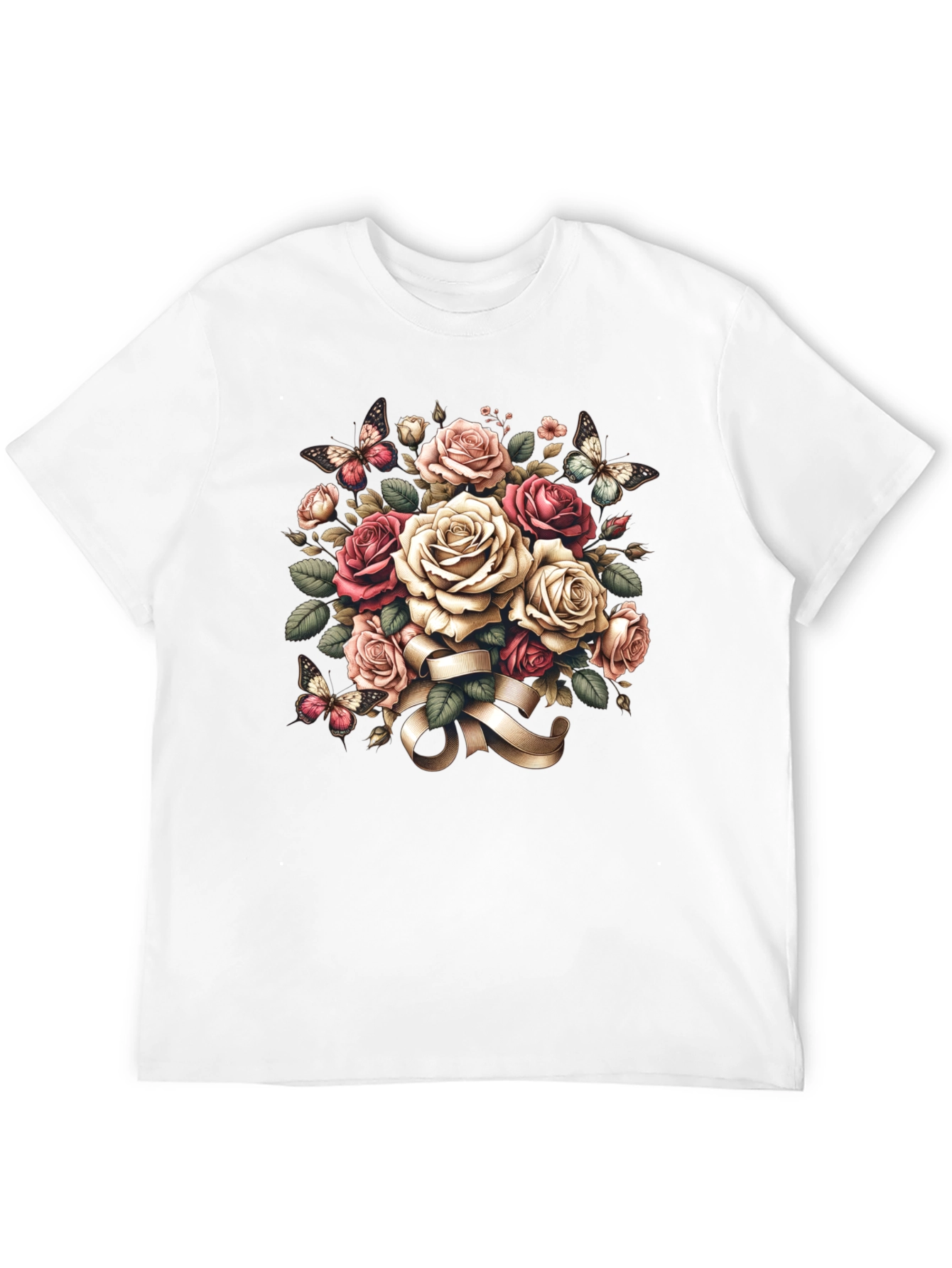 Floral Roses & Butterflies Black T-Shirt