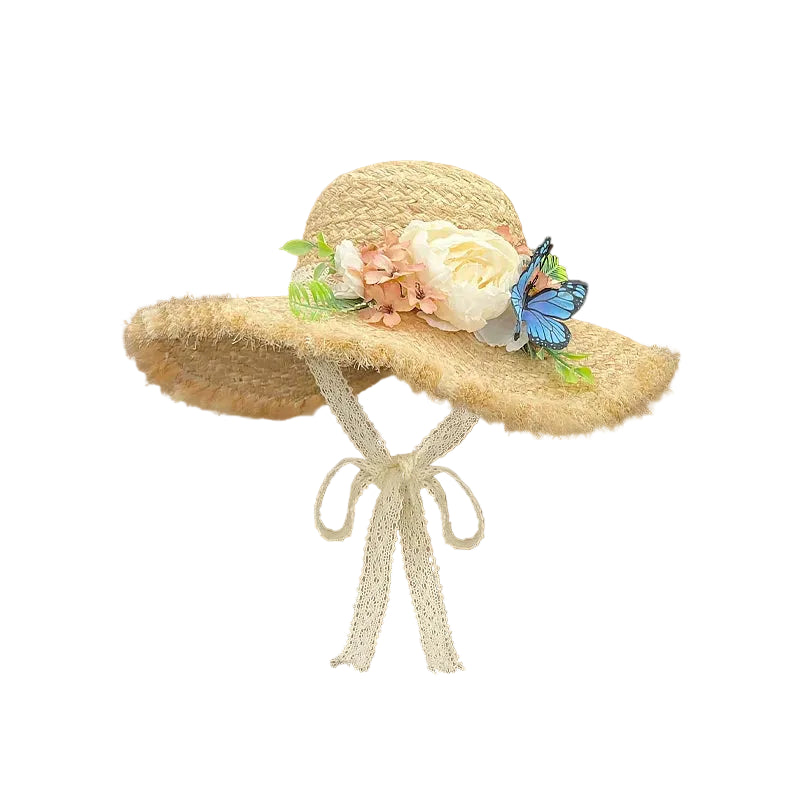 Women's Wide-Brim Raffia Straw Sun Hat with Flower Trim and Tie Strap