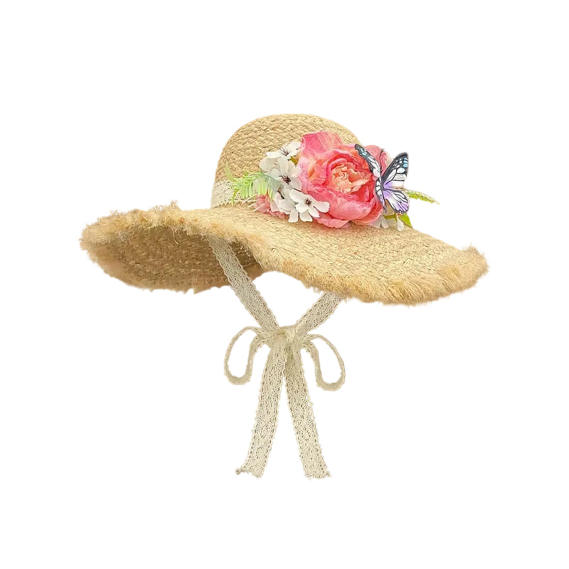 Women's Wide-Brim Raffia Straw Sun Hat with Flower Trim and Tie Strap