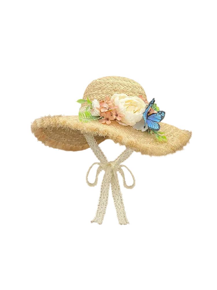 Women's Wide-Brim Raffia Straw Sun Hat with Flower Trim and Tie Strap