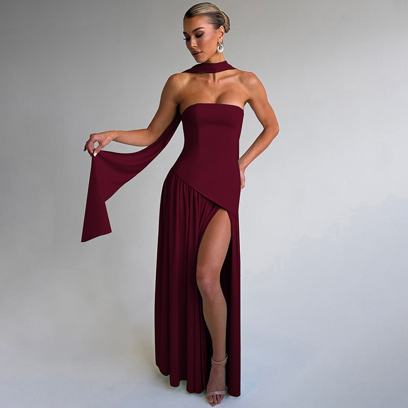 Women's Elegant Sexy Solid Color Tube Top Long Strap Split Backless Maxi Dress