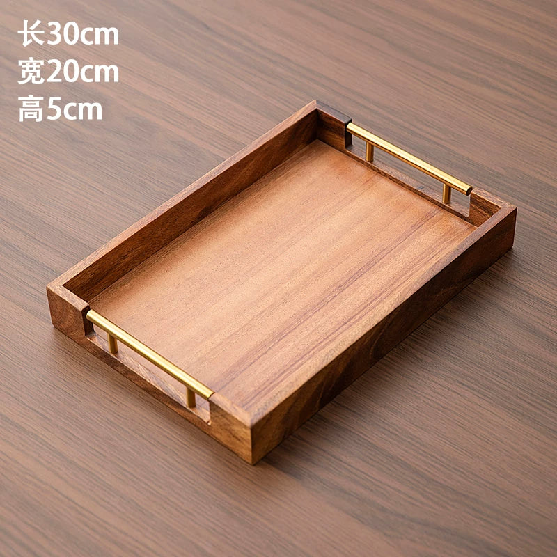 Walnut wood serving tray, metal handles, 30 x 20 x 5 cm