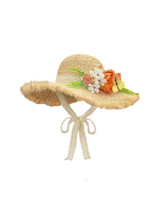 Women's Wide-Brim Raffia Straw Sun Hat with Flower Trim and Tie Strap