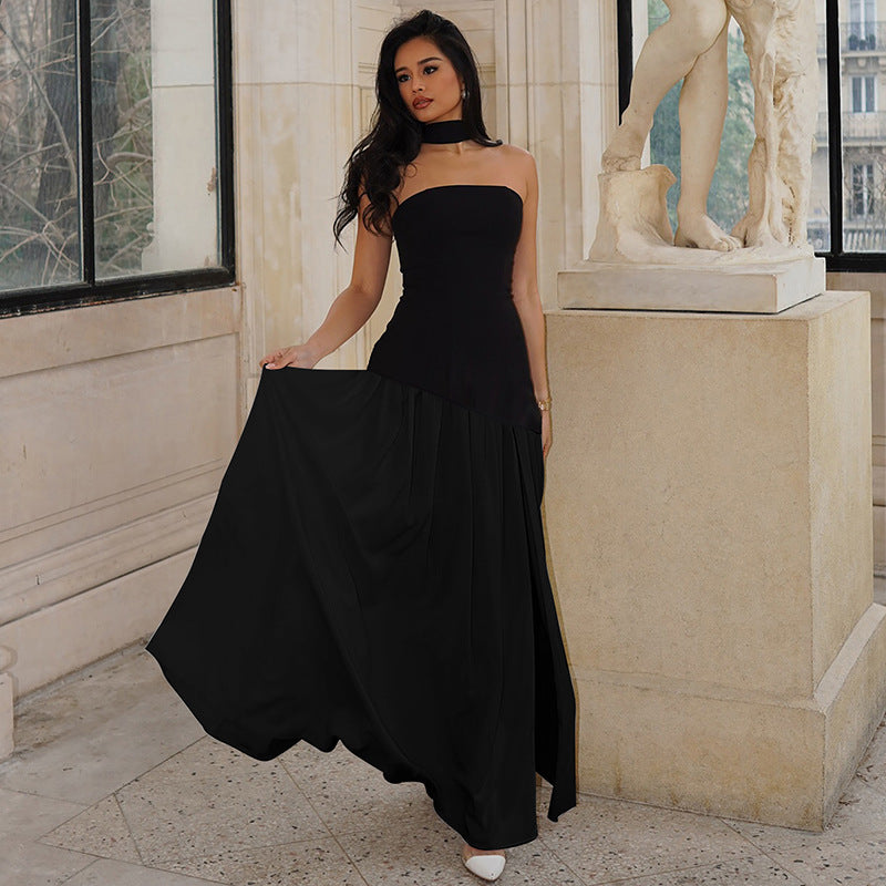 Women's Elegant Sexy Solid Color Tube Top Long Strap Split Backless Maxi Dress