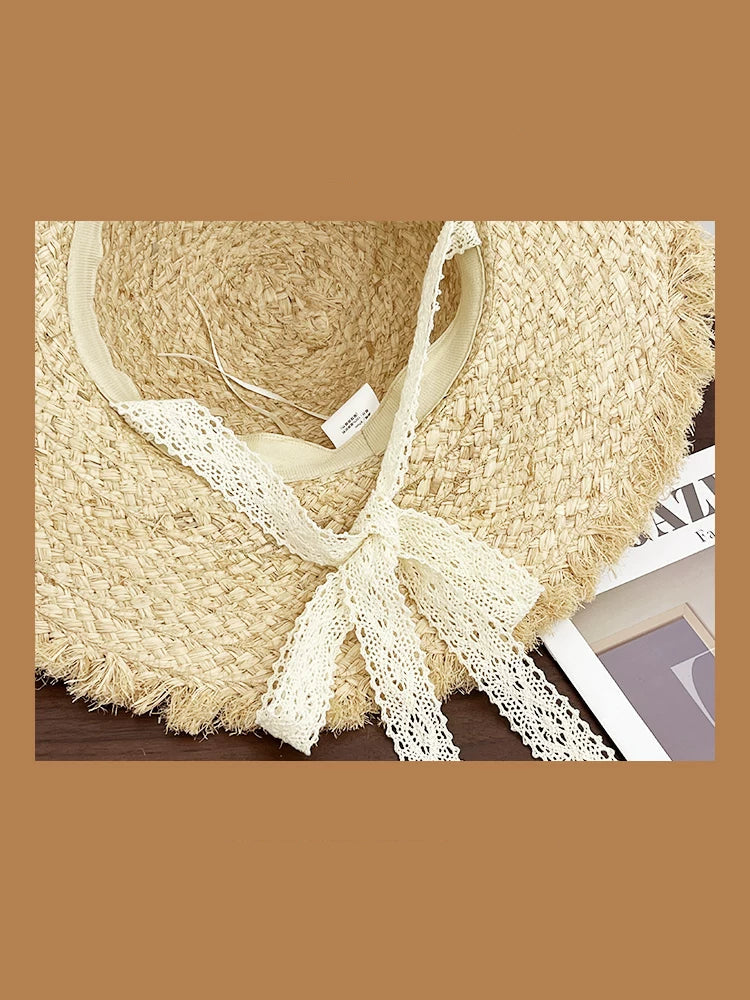 Women's Wide-Brim Raffia Straw Sun Hat with Flower Trim and Tie Strap