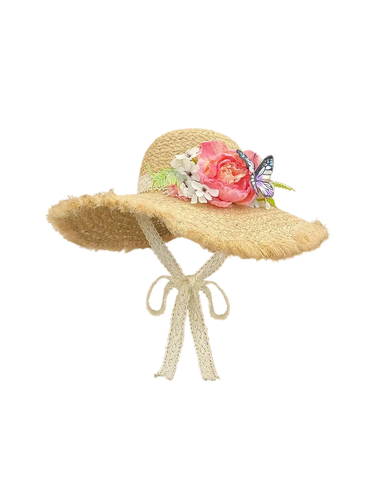 Women's Wide-Brim Raffia Straw Sun Hat with Flower Trim and Tie Strap
