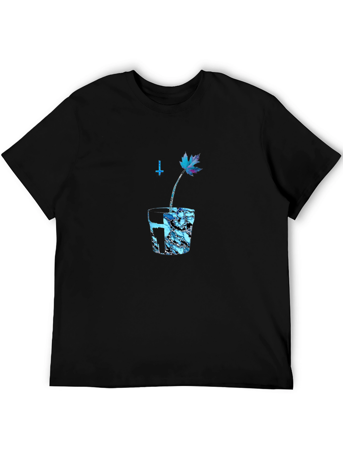 Black Graphic Tee with Blue Maple Leaf Design