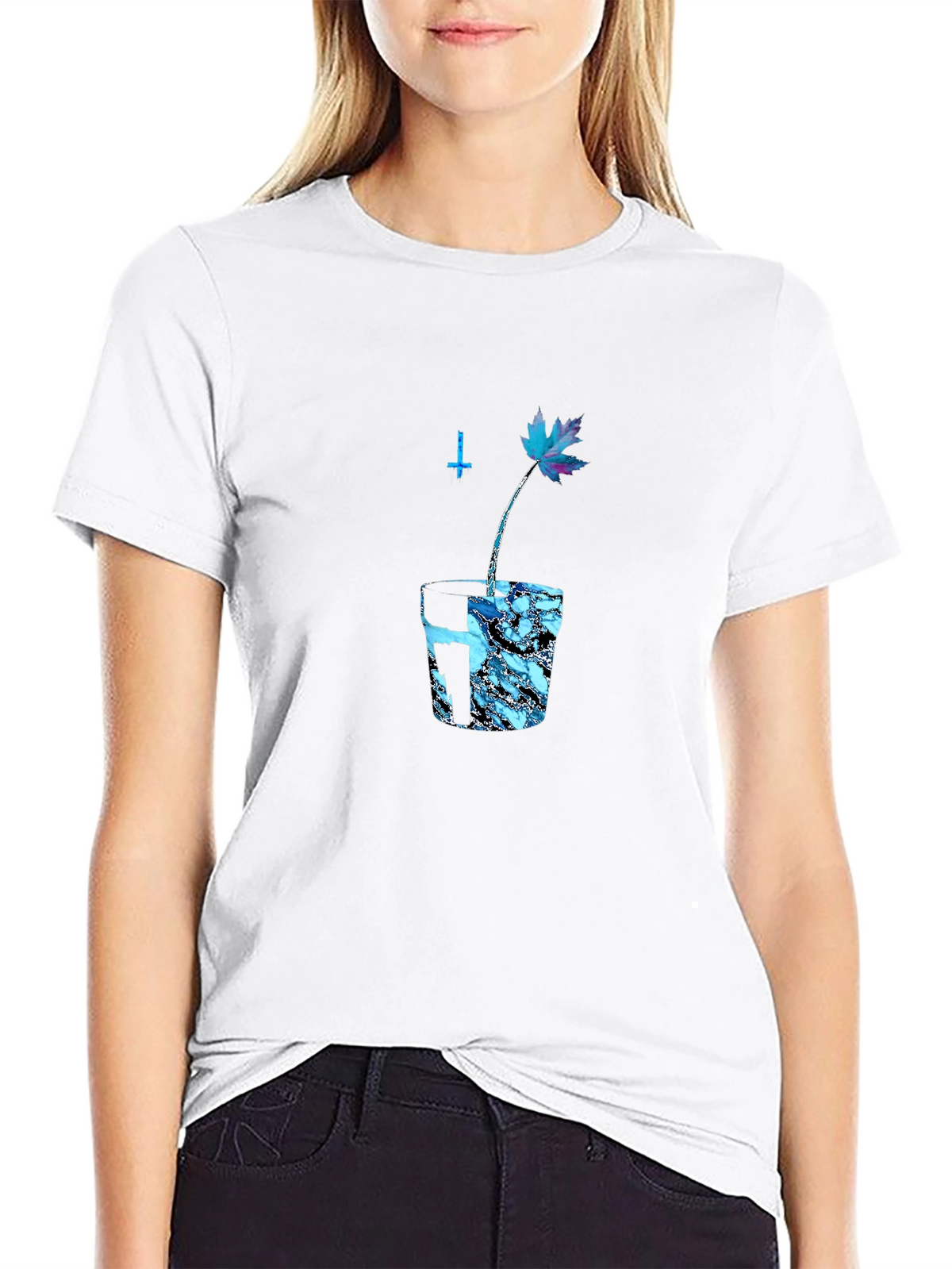 Black Graphic Tee with Blue Maple Leaf Design