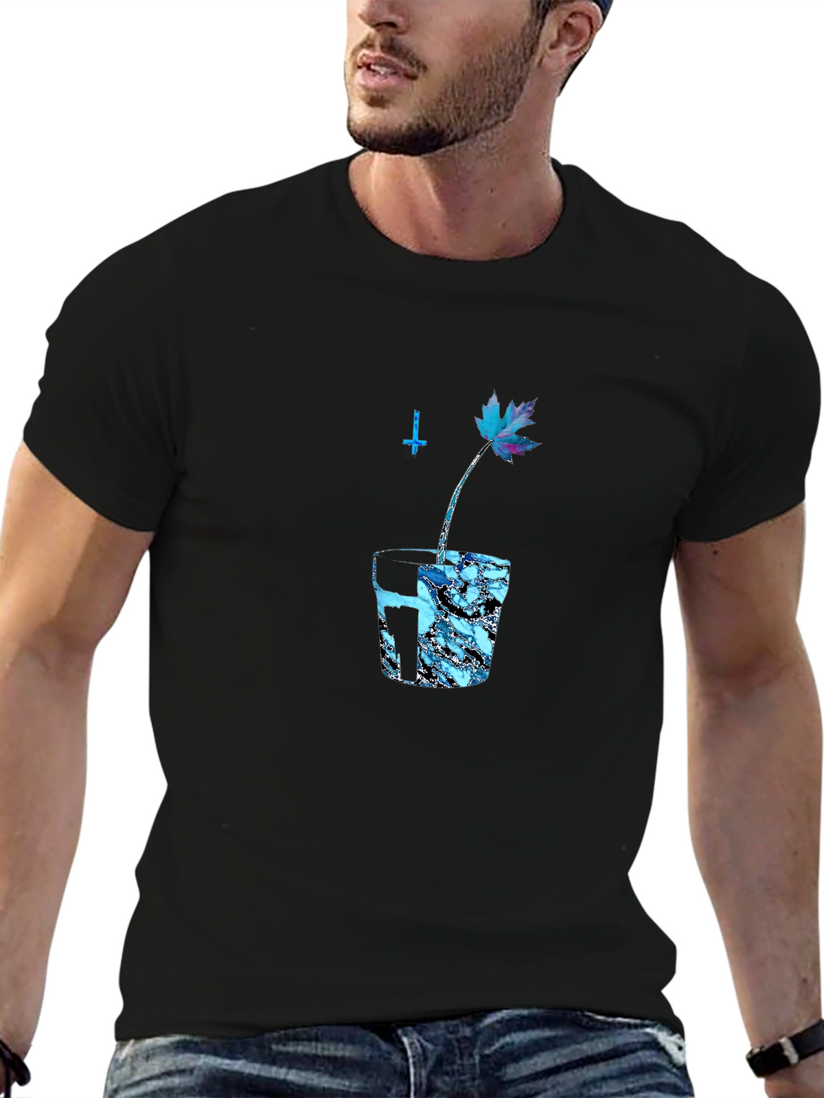 Black Graphic Tee with Blue Maple Leaf Design