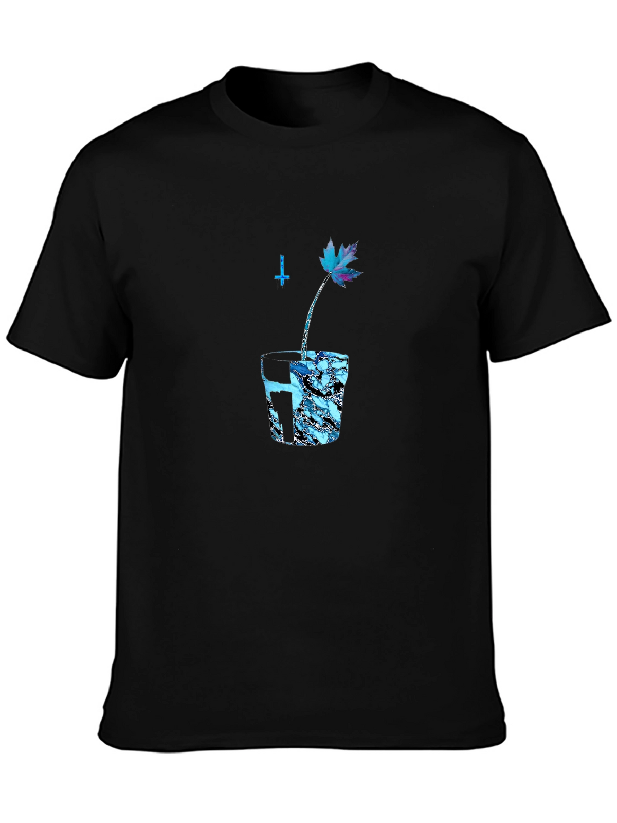 Black Graphic Tee with Blue Maple Leaf Design