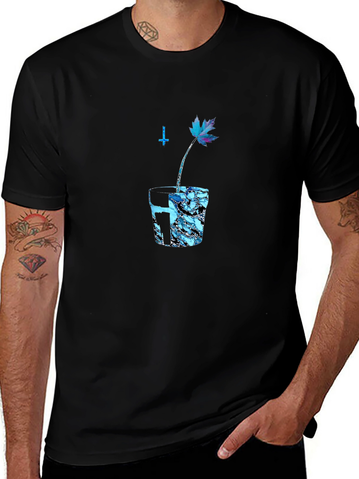 Black Graphic Tee with Blue Maple Leaf Design
