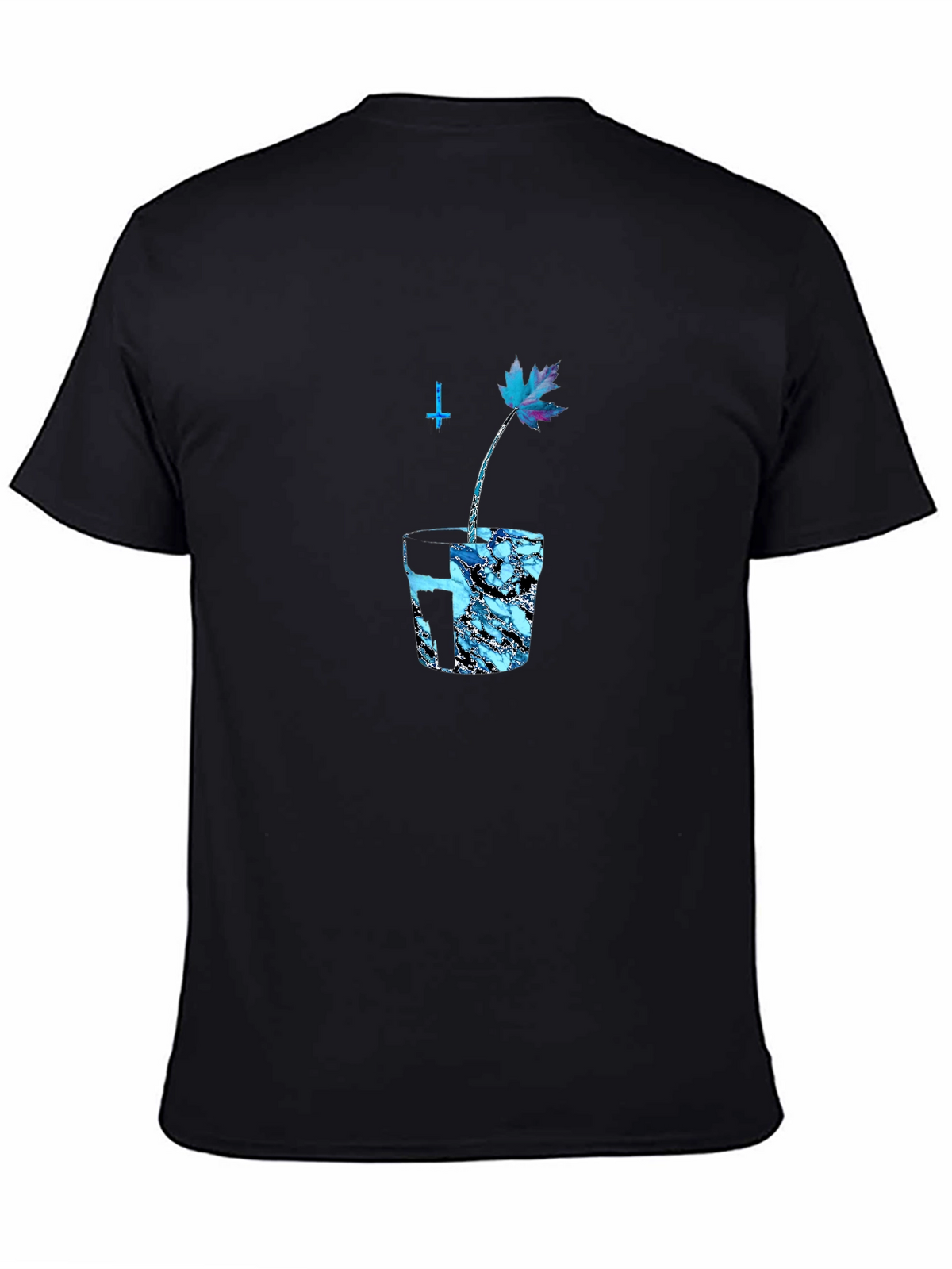 Black Graphic Tee with Blue Maple Leaf Design