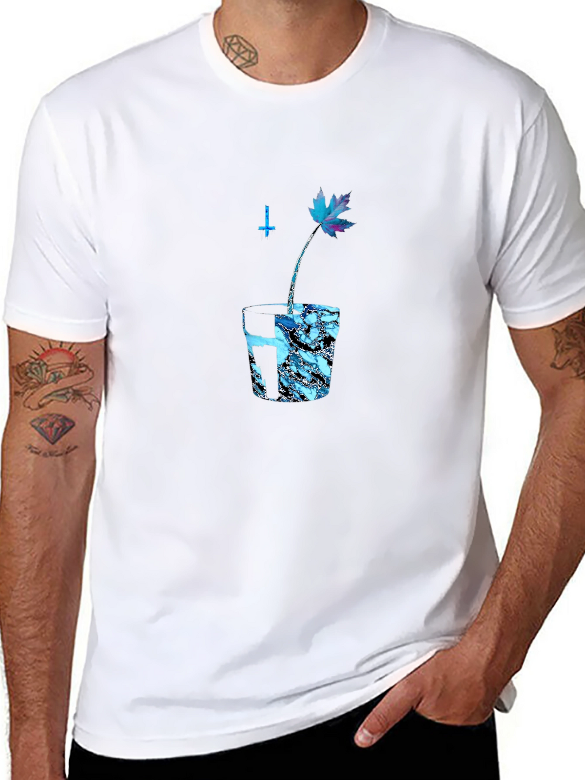 Black Graphic Tee with Blue Maple Leaf Design