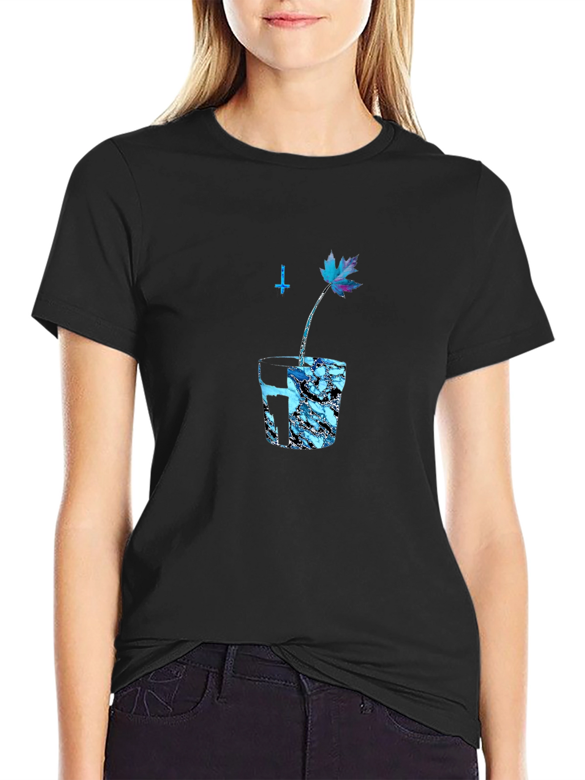 Black Graphic Tee with Blue Maple Leaf Design