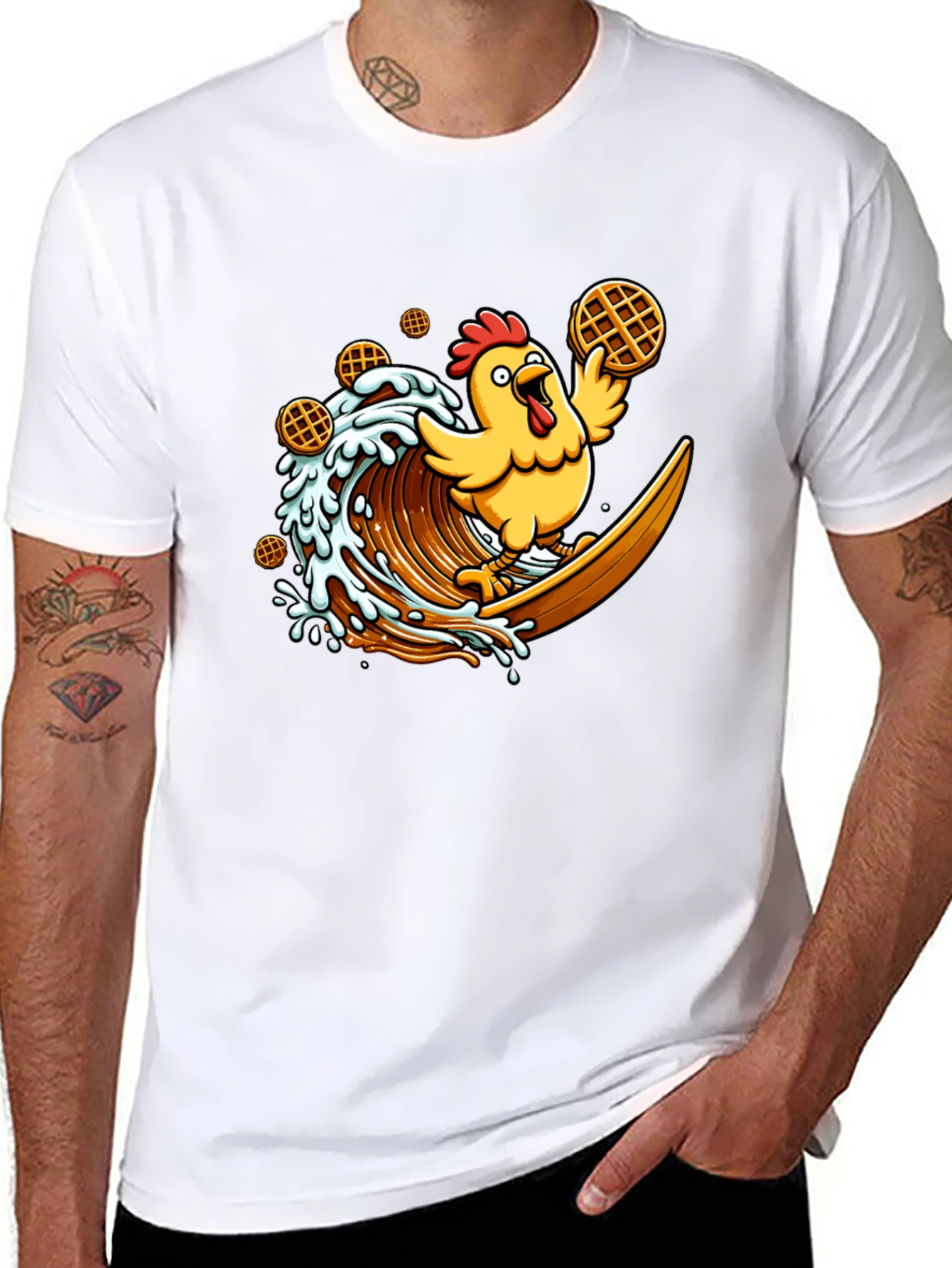 Chicken & Waffles Surfing Black T-Shirt