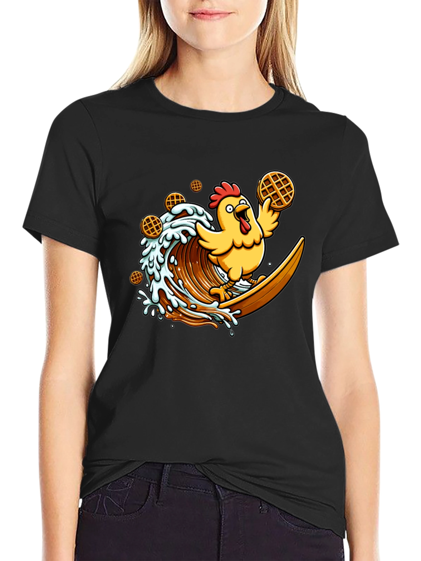 Chicken & Waffles Surfing Black T-Shirt