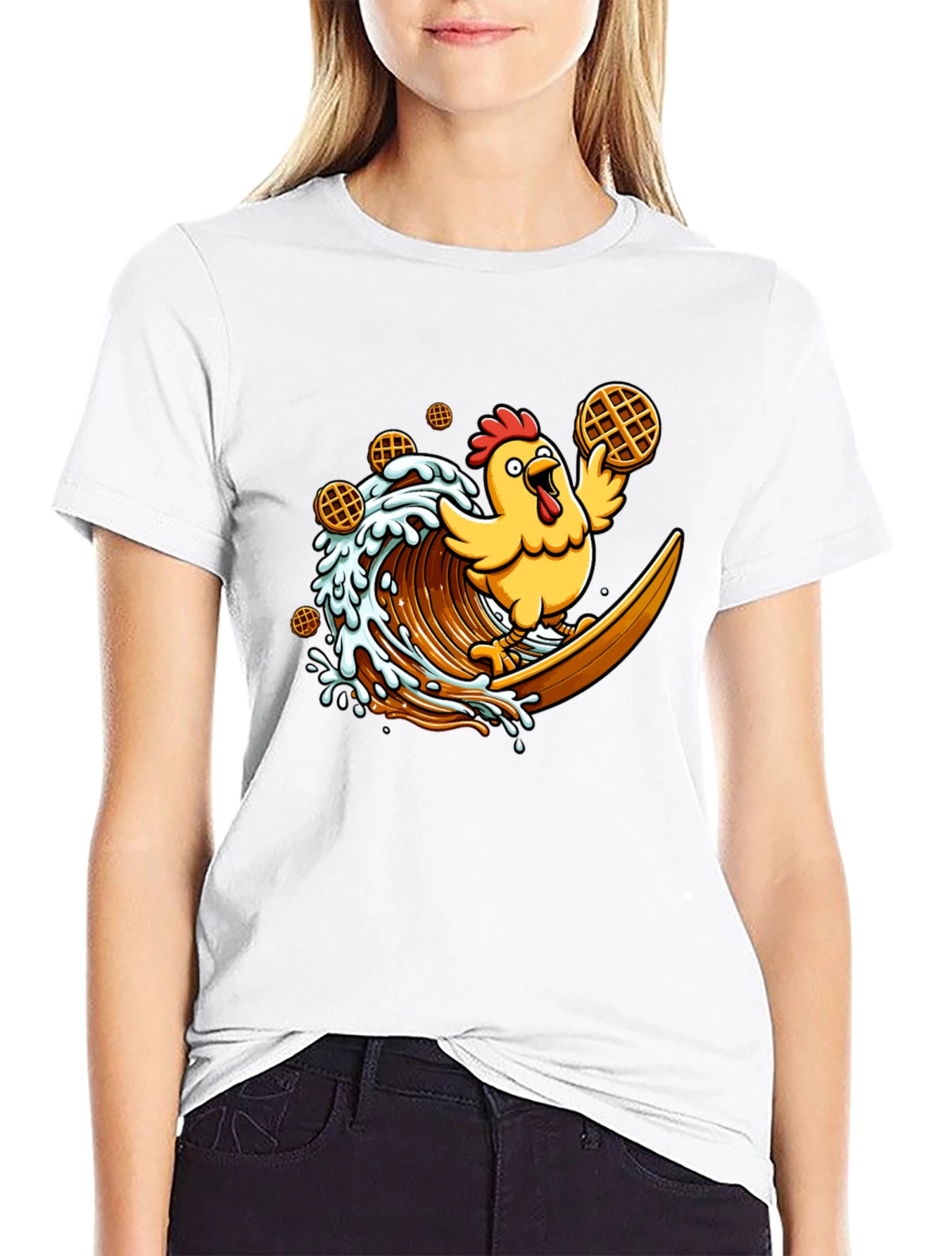 Chicken & Waffles Surfing Black T-Shirt