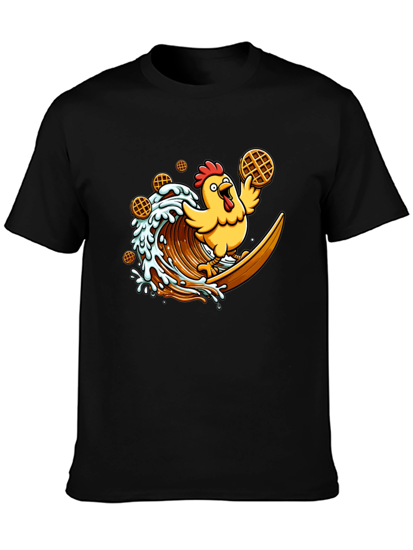 Chicken & Waffles Surfing Black T-Shirt