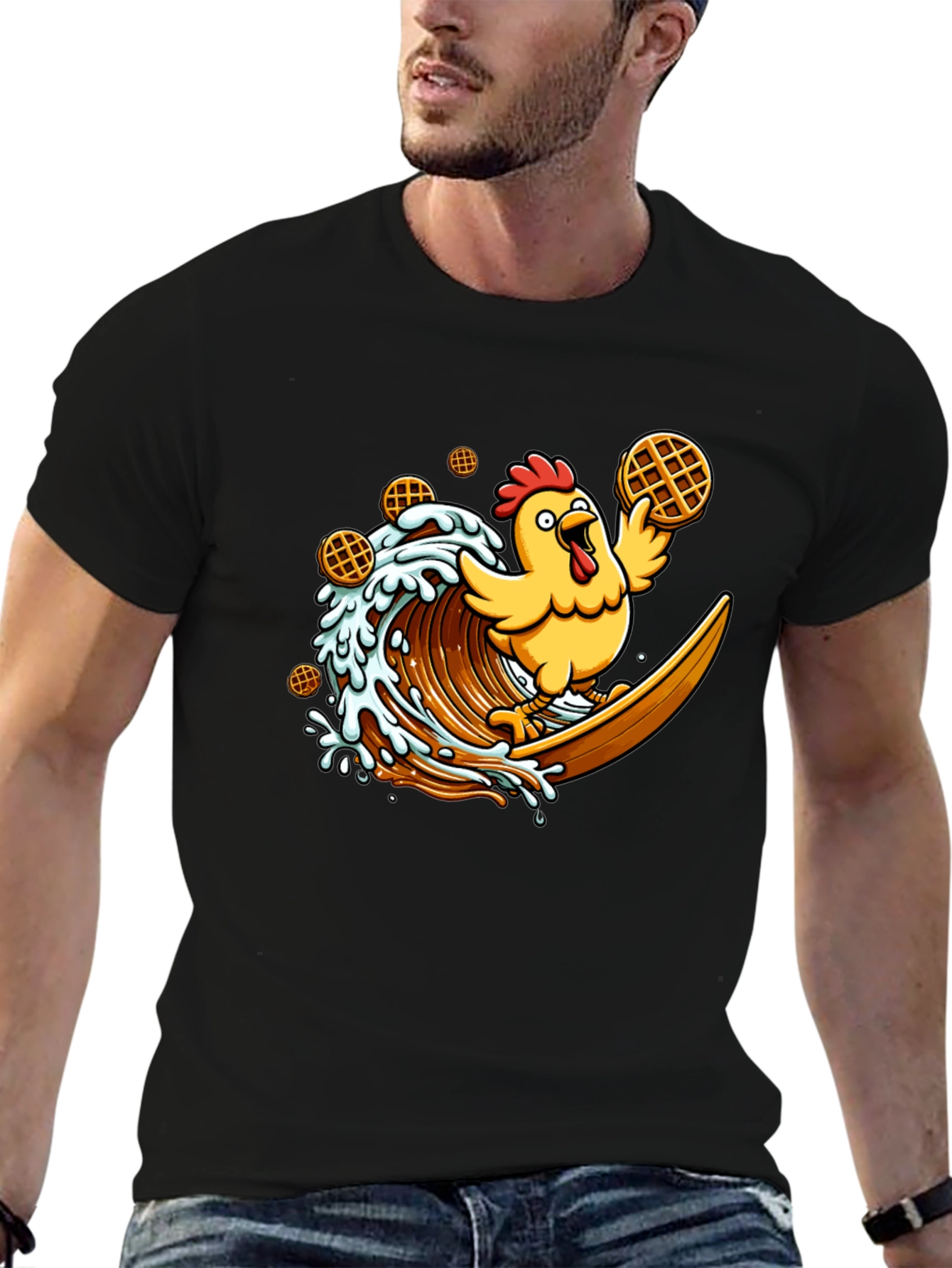 Chicken & Waffles Surfing Black T-Shirt