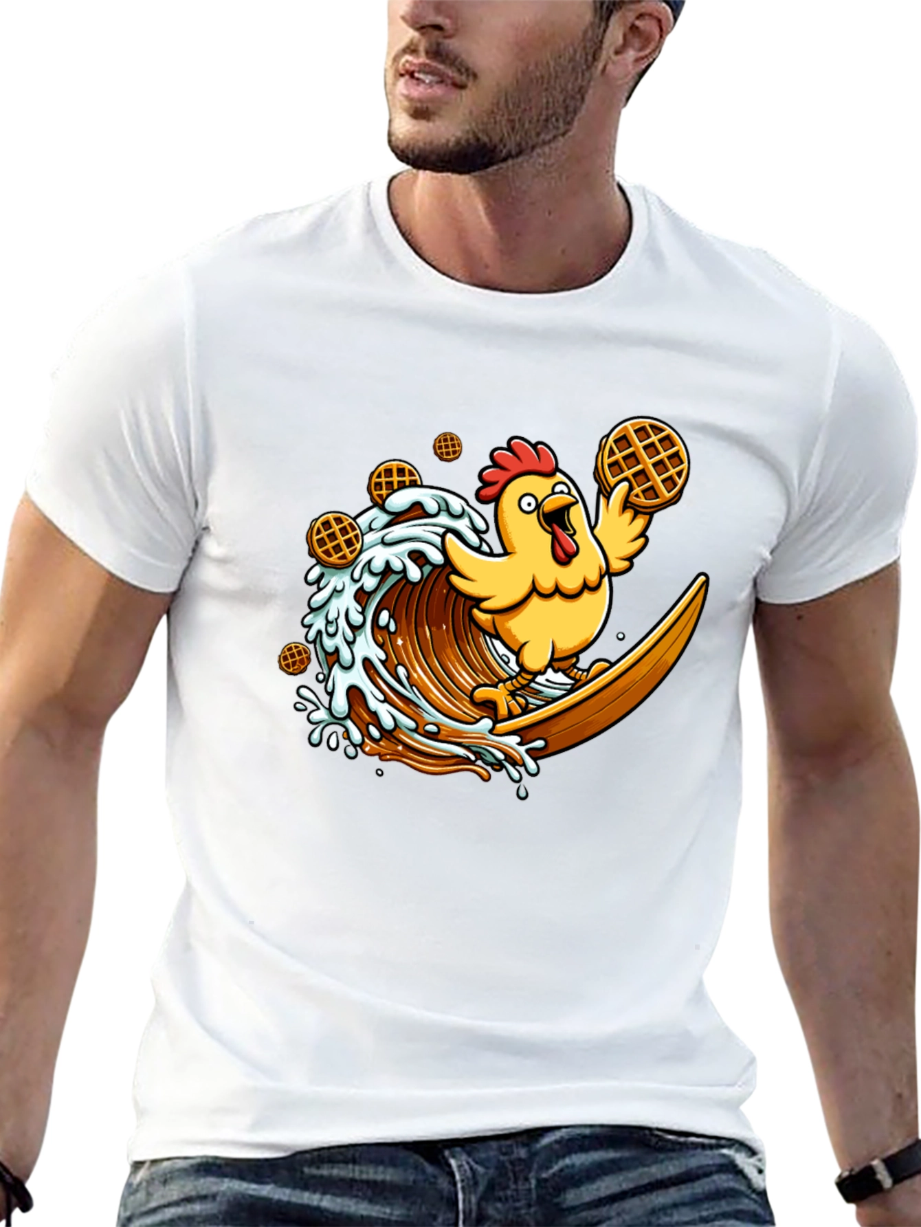 Chicken & Waffles Surfing Black T-Shirt