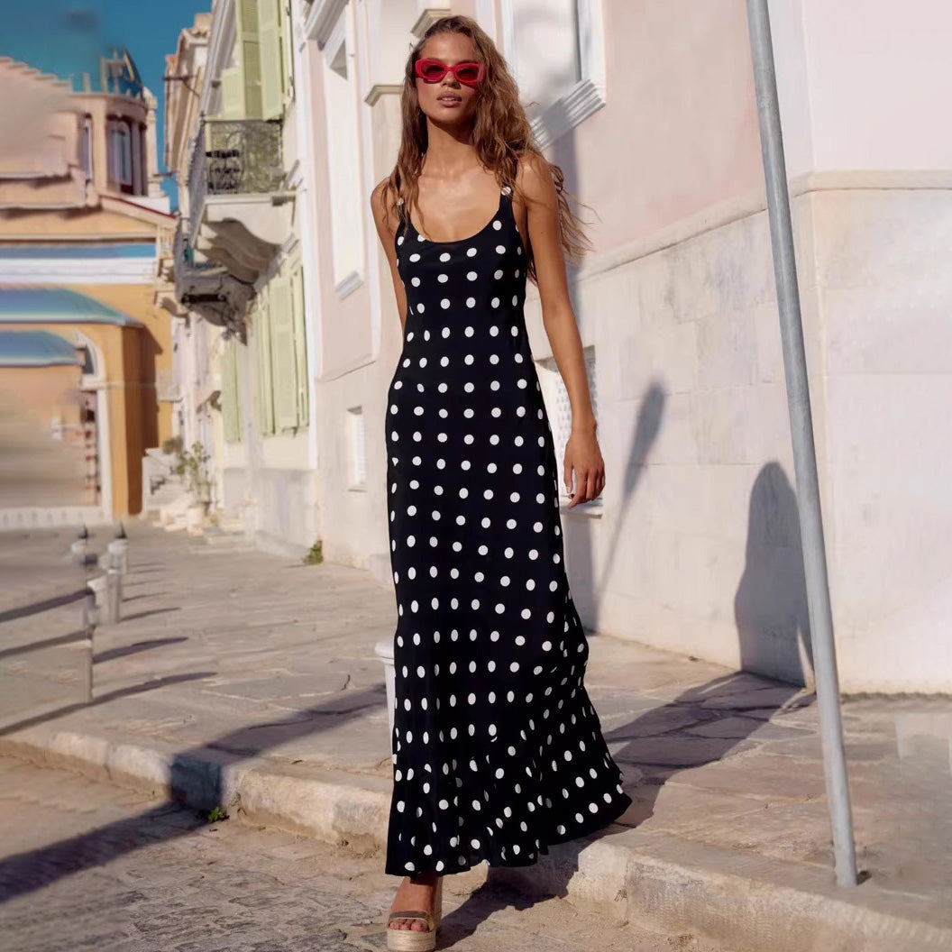 Women's Sexy Summer Polka Dot Print Sleeveless Tight Waist Dress