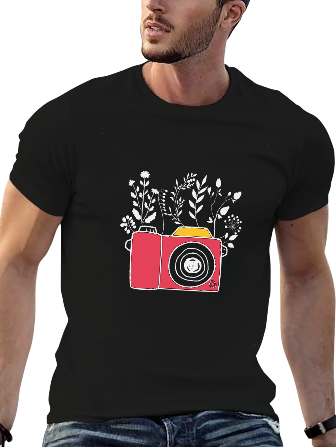 Floral Camera Graphic T-Shirt - Black
