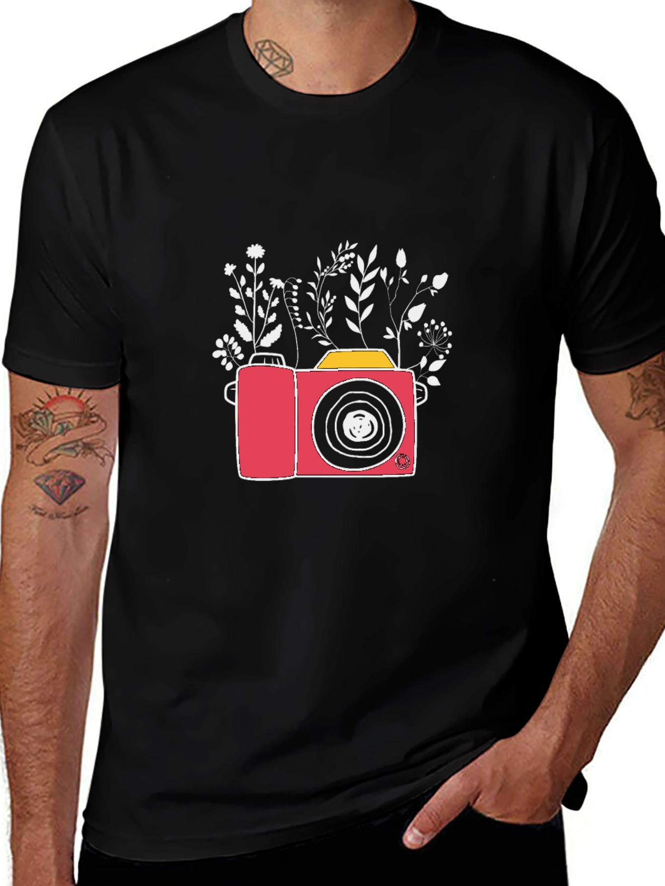 Floral Camera Graphic T-Shirt - Black