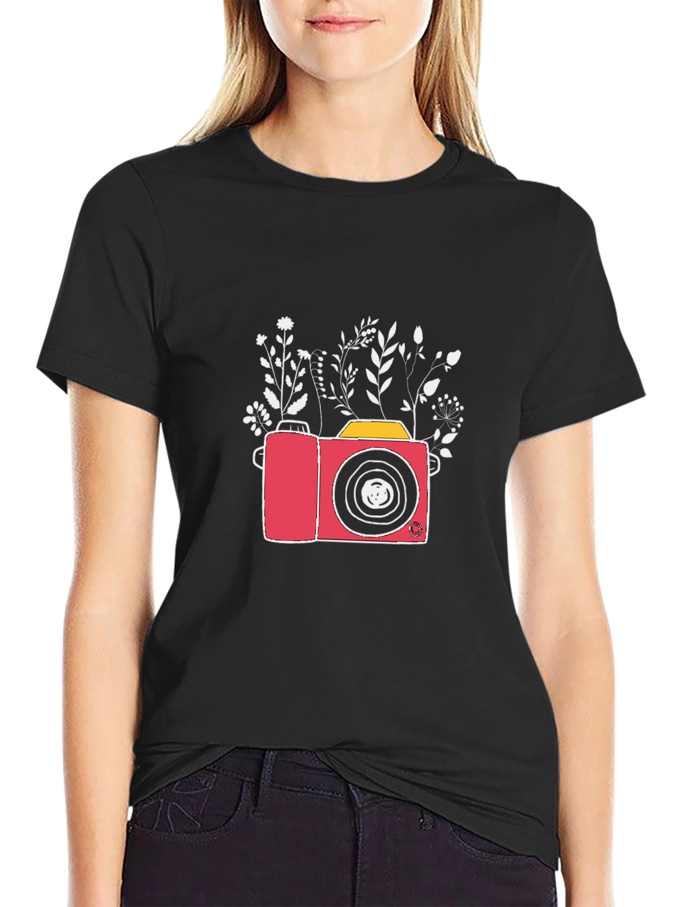 Floral Camera Graphic T-Shirt - Black