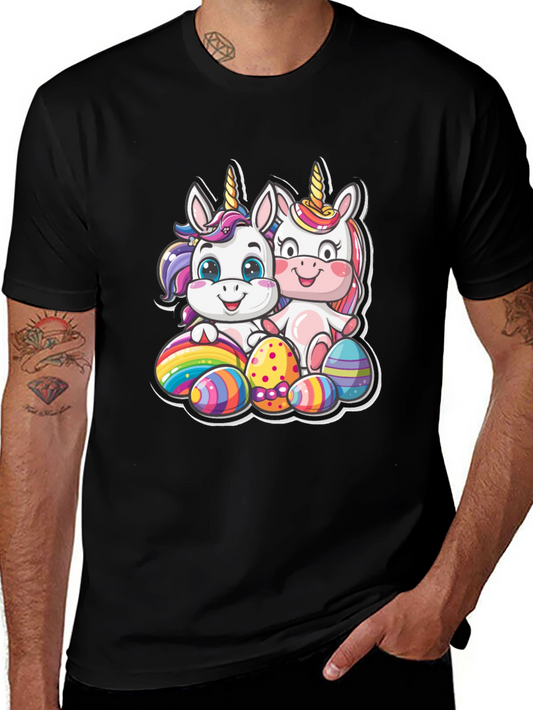 Cute Easter Unicorns Graphic Tee - Black Cotton Blend