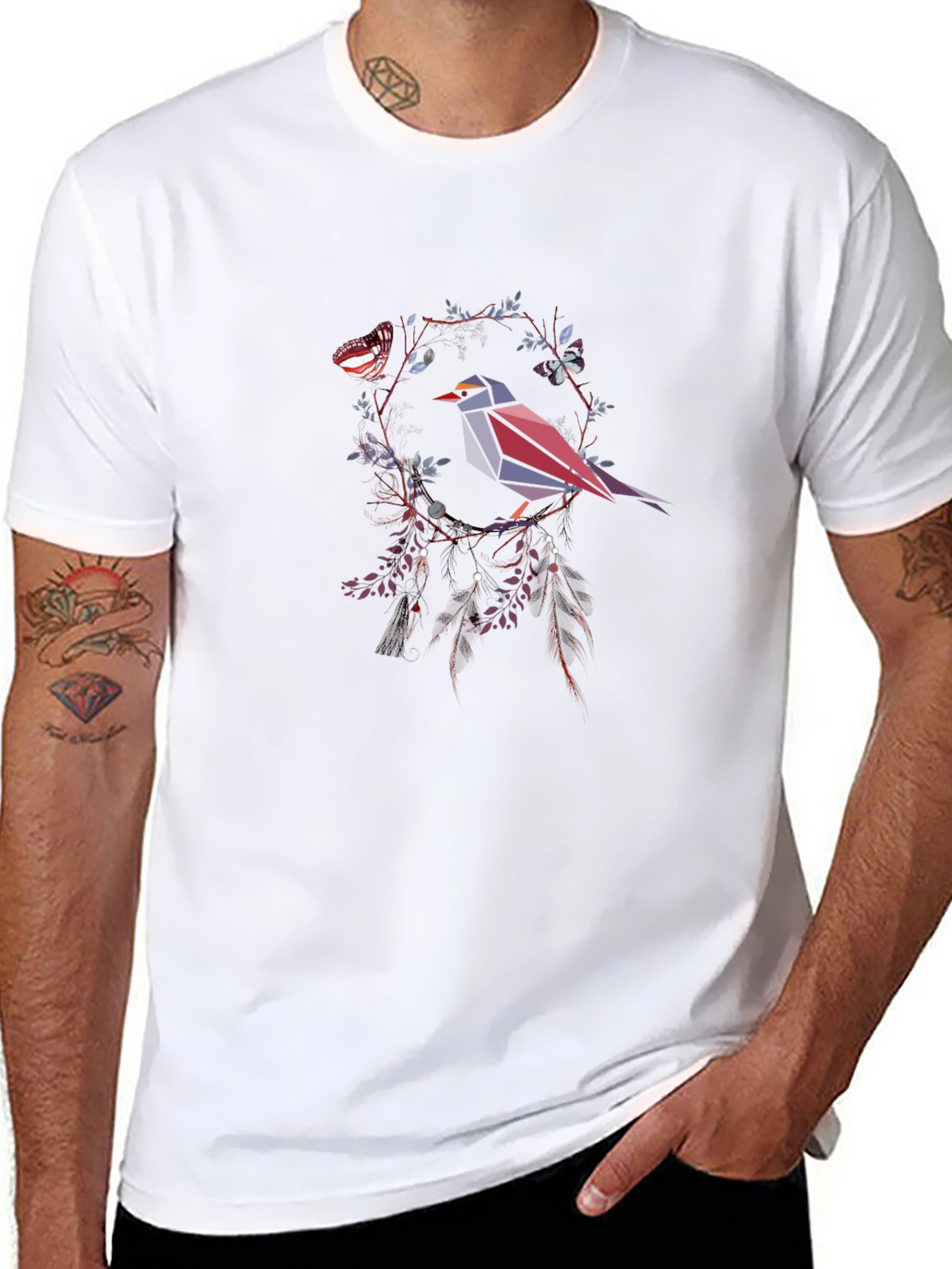 Geometric Bird & Butterfly Graphic T-Shirt